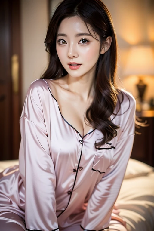 Dark brown hair、Light brown eyes、Japanese actress、 Lady、私 am about 40 years old.、(Intricate details:1.2)、(Which one is on top??:1.4)、 (Ultra-high resolution:1.2)、Ultra-high resolution、(Finely tuned)、(Detailed facial features)、Hmph、8K resolution、D cup size breasts、Long Hair、Bedroom、Sleeping in bed、Illness and sleep、Painful expression、Extravagant space、relax、、,Full body photo、Beautiful legs、silk　pajamas、Beautiful legs、she, Extreme Detail, Very detailed, Realistic, Hourglass-shaped body, Obscene pose,、、私 cry a lot、tears、(auraroid photo:1.2)、A masterpiece of transparent painting、8K、32k、Highest quality、(Details of both eyes)、