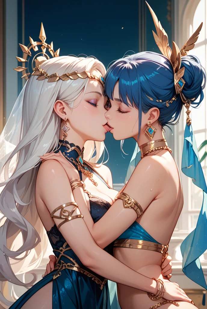 (masterpiece, best quality:1.5), oil painting by Leonardo da Vinci and Alfons Maria Mucha, (perfect anatomy:1.2), two gorgeous and stunning pale-skinned young pregnant goddesses is deeply in love with each other, kiss, fantastic make-up, jewelry, flower