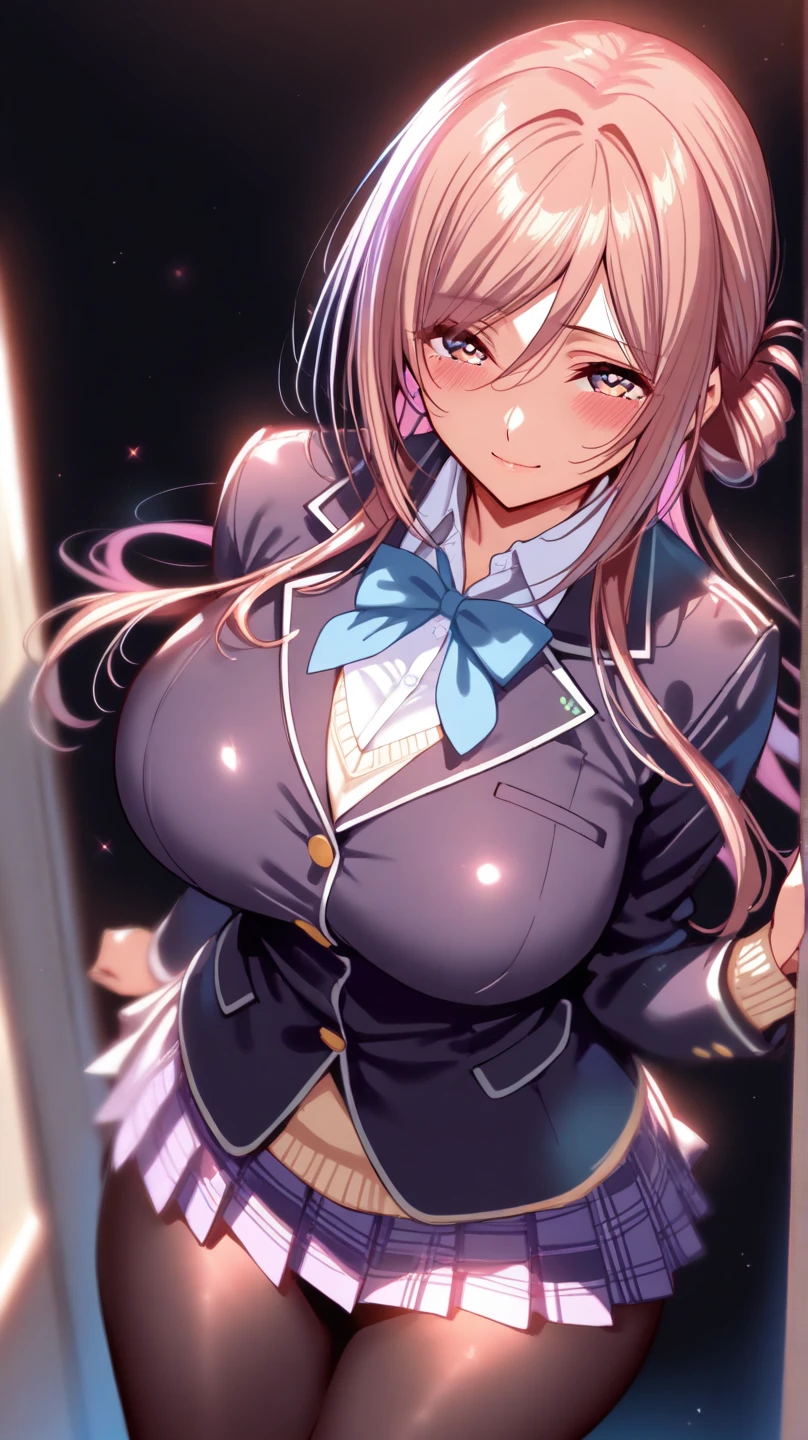 Masterpiece, best quality, highres, close up, red hair, yellow eyes, long hair, blush, huge breast, ((hair down)), very long hair, indoors, doorway, grin, sweating, tanktop, cleavage