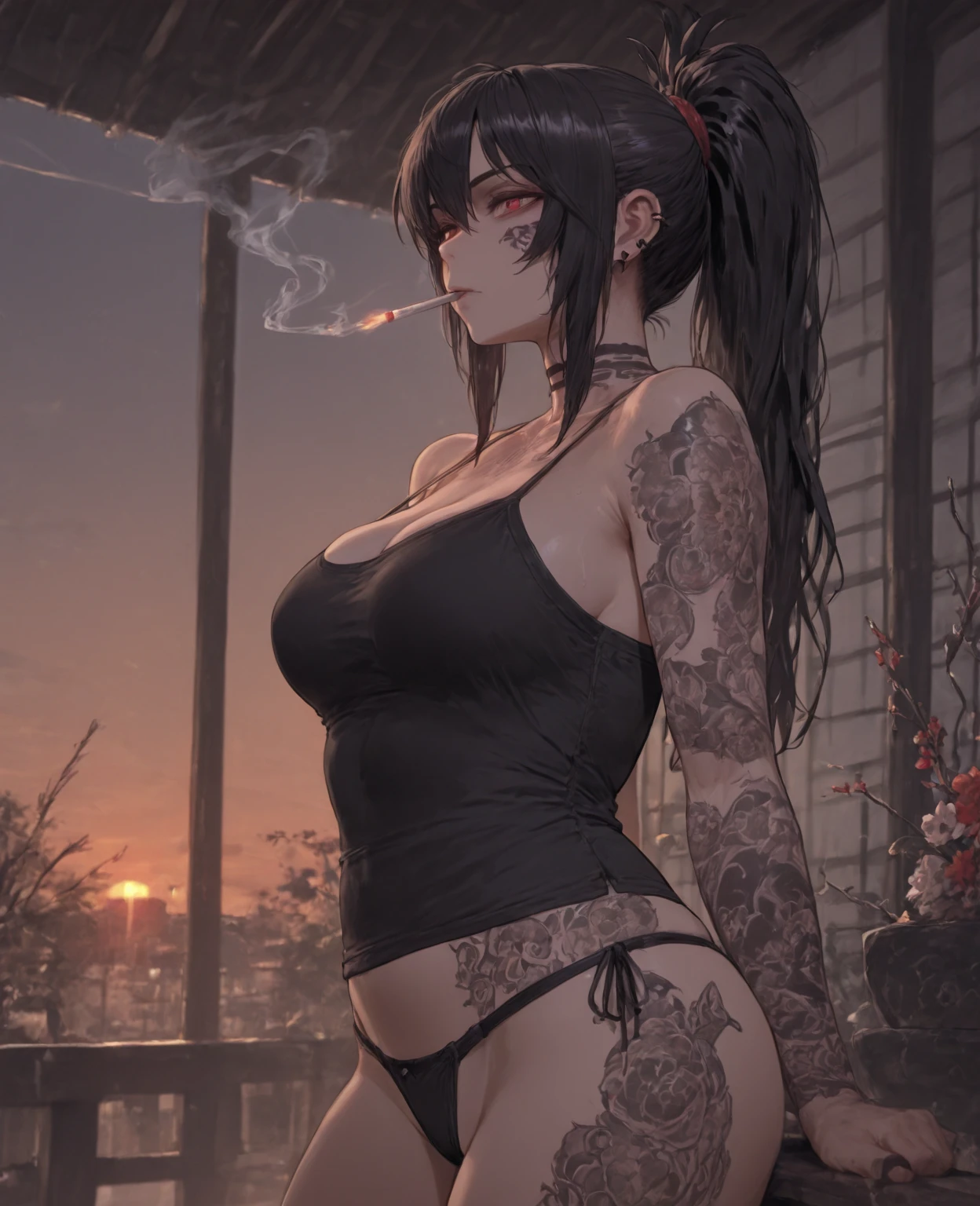 best qualtiy, 超A high resolution, detail portrayal, from behind, Beautuful Women, large full breasts, Dragon tattoo all over the back, Fluffy clothes, toned and muscular body,
