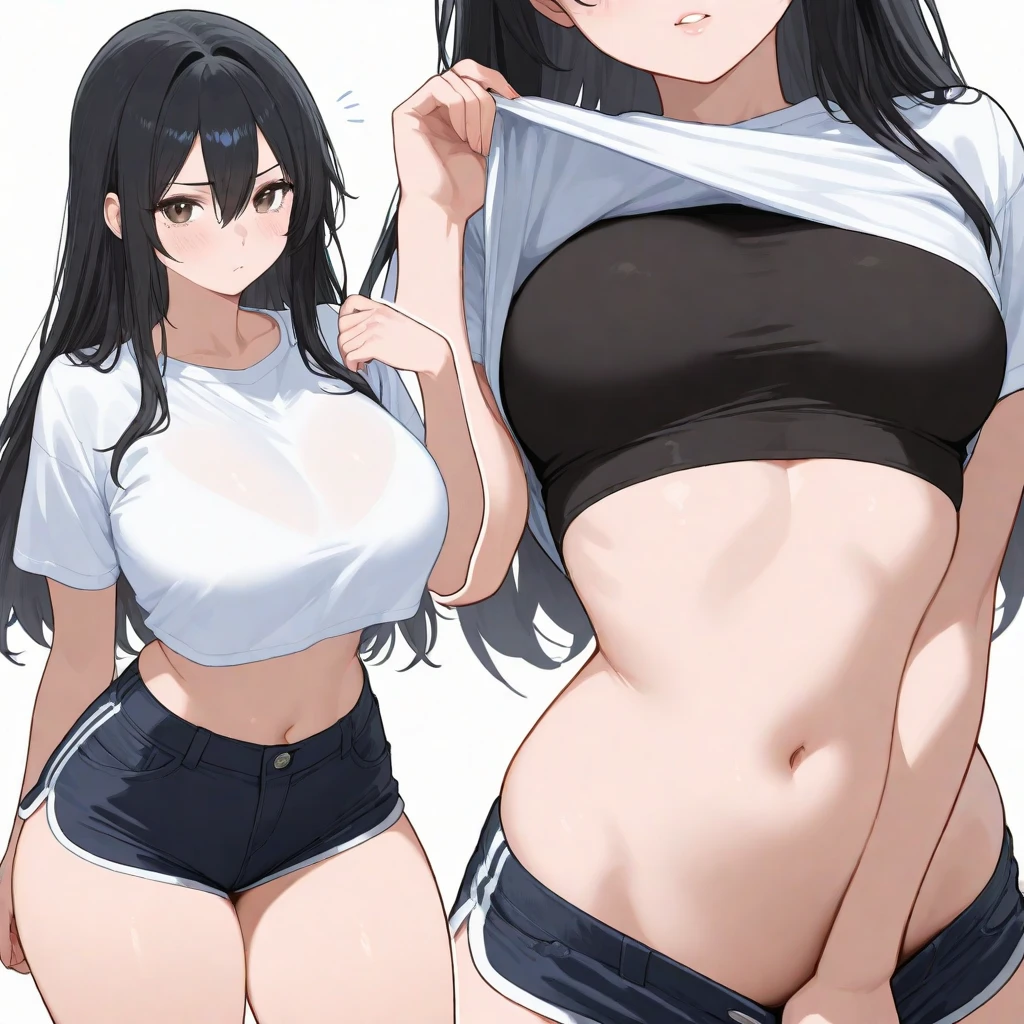 16k works,Highest quality,18-year-old,No background.White background only,whole body、sexy, One person, Beautiful Face,, Symmetrical eyes, Perfect body, Good balance、 Perfect body、Split, Black short hair、, White sleeveless tank top,Blue Denim Shorts、Big Breasts、Baseball hats