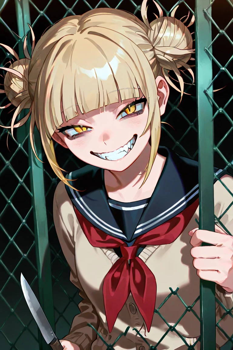 <lyco:togatest:1.0>himiko toga,blonde hair,blunt bangs,yellow eyes, blood,messy hair, double bun,school uniform,black panties,
(best quality, masterpiece, RAW photo,ultra-detailed:1.2), <lyco:GoodHands-beta2:1.0>,1girl,solo,looking at viewer,smile