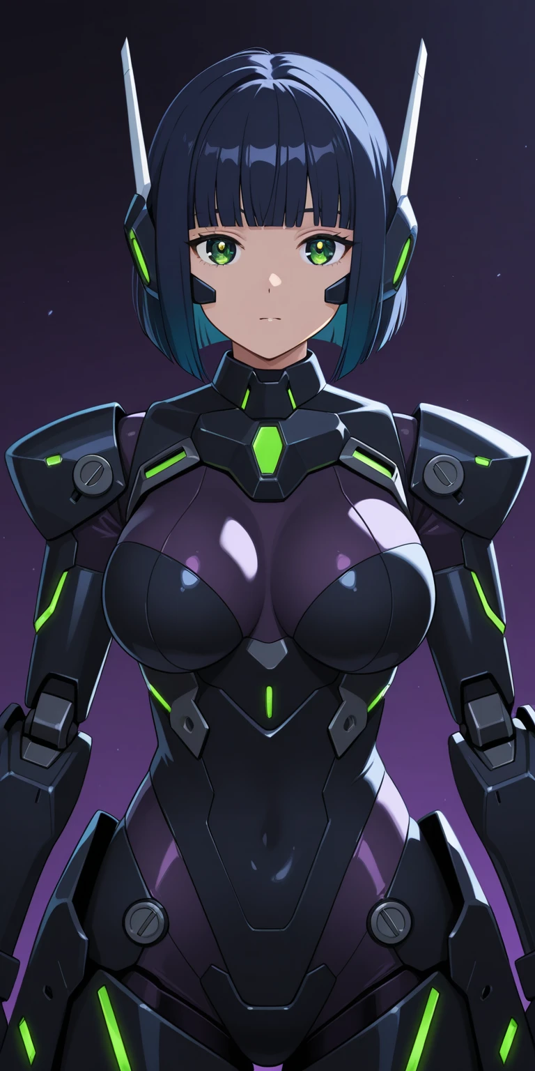 1girl, green hair, very short hair, pixie cut, yellow eyes, serious, glowing eyes, large breasts, breasts, thick thighs, toned, toned female, bodysuit, pilot suit, futurustic, science-fiction, neon, neon trim, neon light, black bodysuit, space, 