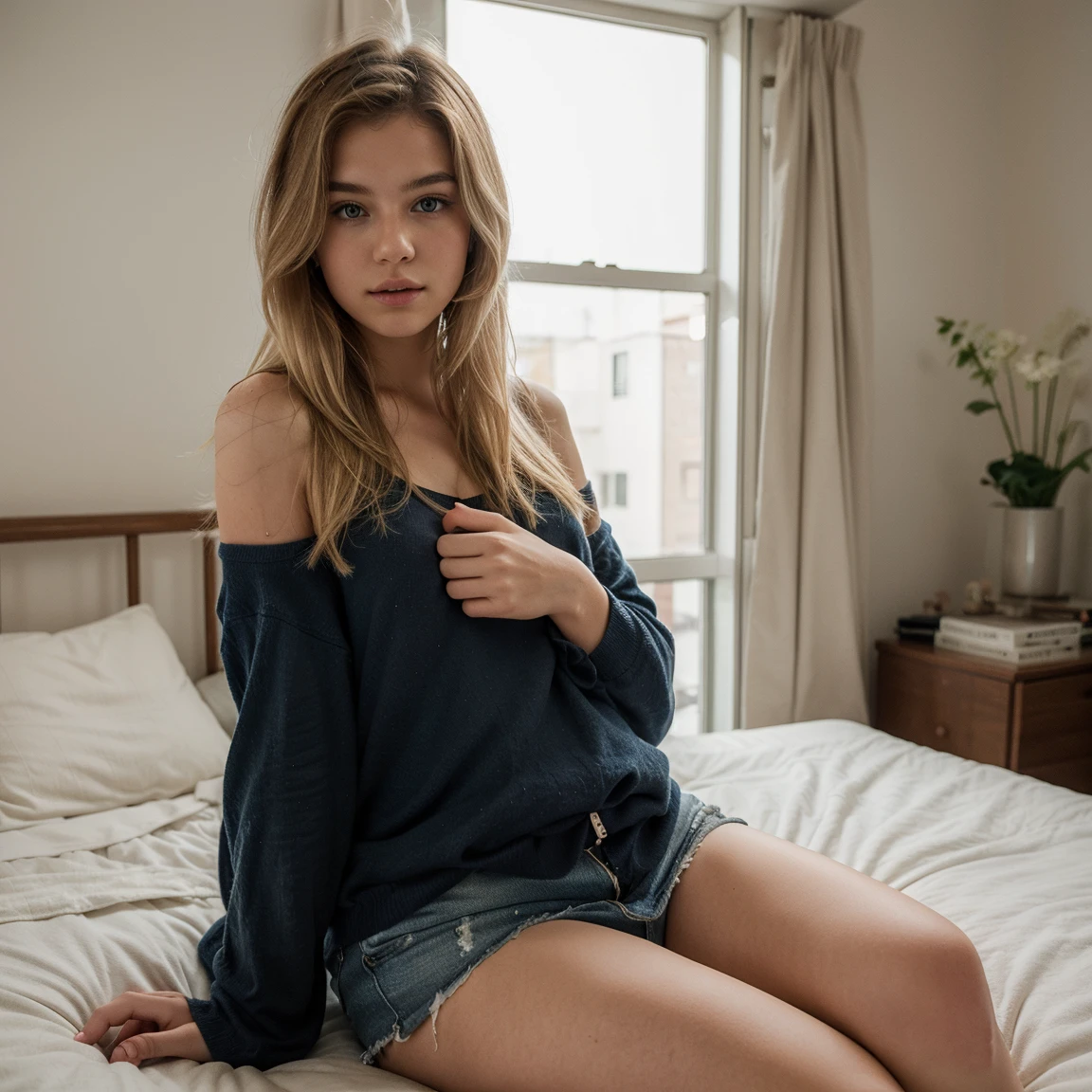 an urban instagram model wearing casual outfit, sitting in her room , stylish posing, stylish medium blonde hairs, pink lips, young model, perfect figure, realistic photography