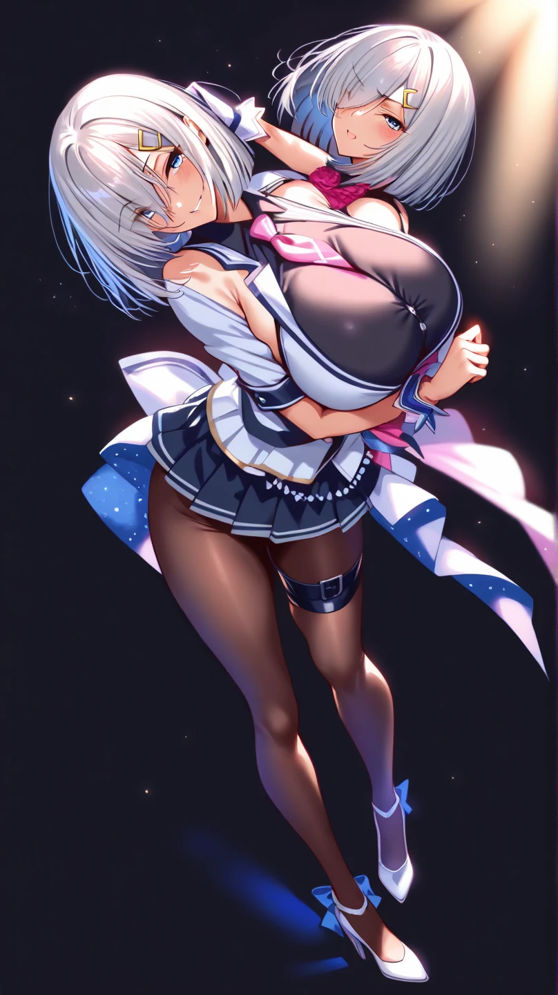 1 girl, keqing, genshin_impact, in pink panties, mini skirt, at concert, ass focus, sweat dripping from ass, looking back at viewer smiling, arms behind back, High Definition, High res