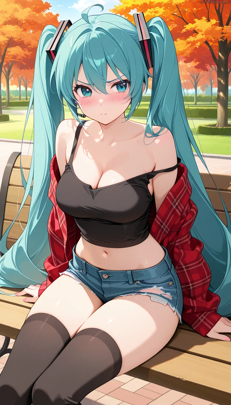 ((Masterpiece, flowers background, beautiful romantic room:1,2, masterpiece)) full body standing Black tiger print stockings, denim shorts, red off-shoulder sweater, navel (Karane) (blue eyes:1.5) green hair, hair between eyes, long hair twintails, sitting on the bed, cute smile