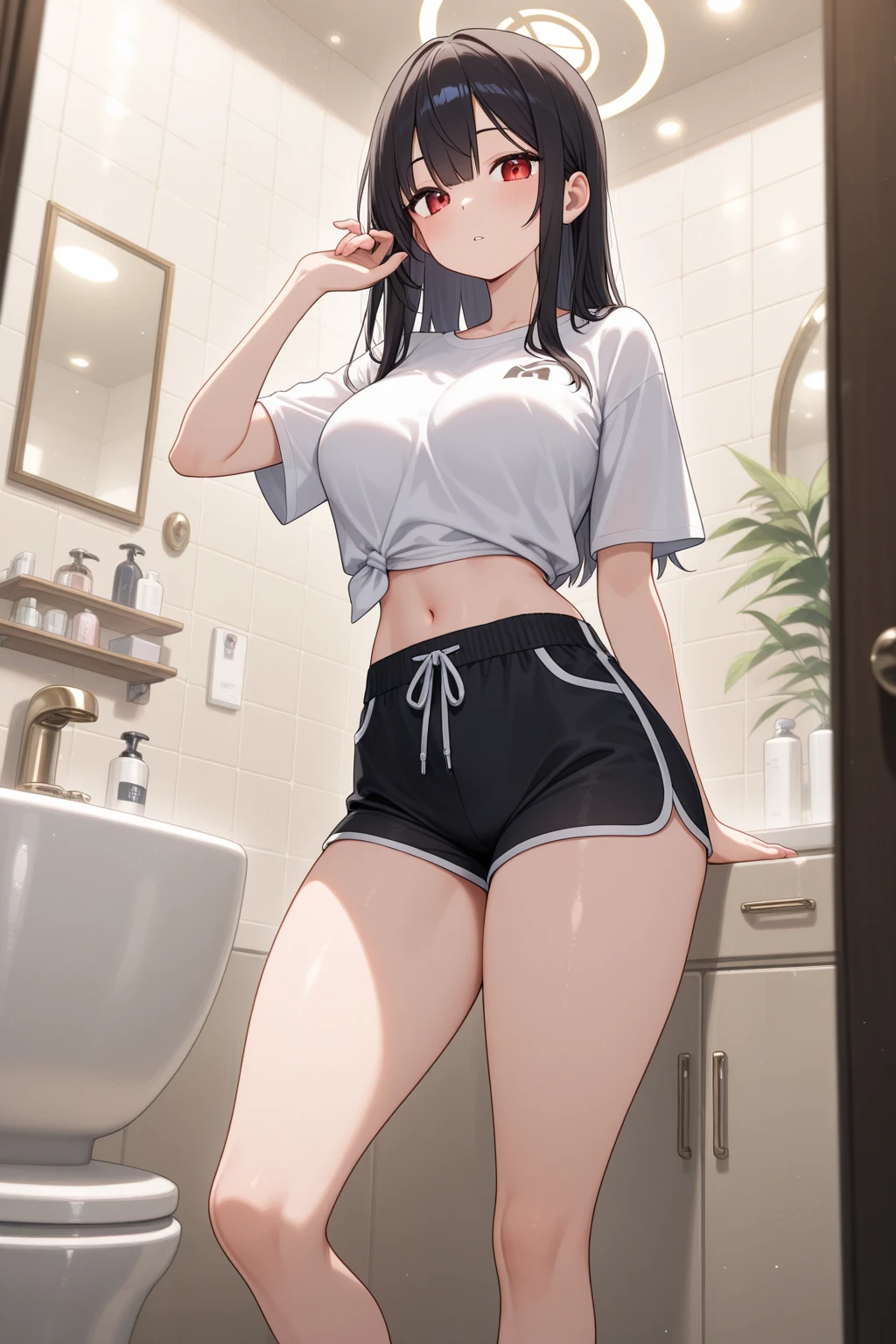 (Large breasts:1.5),Looking at Viewer,((masutepiece)),((Best Quality)),Perfect Anatomy,8K UHD,extra detailed face,gloss and shiny,((1girl in )),((Solo)),(Beautiful detailed eyes:1.2),image perfect,arms behind back,Slim waist,Shiny hair,Black hair,(Blunt bangs:1.1),Medium Hair,Smile,Indoors,gym,Standing,