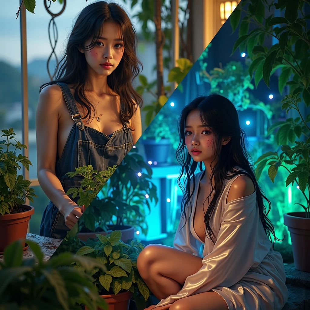 A female couple in a heart-shaped ivy hole wrapped around a thick tree.、A small light shines in the hole.、in the forest、Yellow Moon Night、The moon is half hidden by clouds、Sharp images、High color reproducibility、Attention to detail、live-action、Alluring、