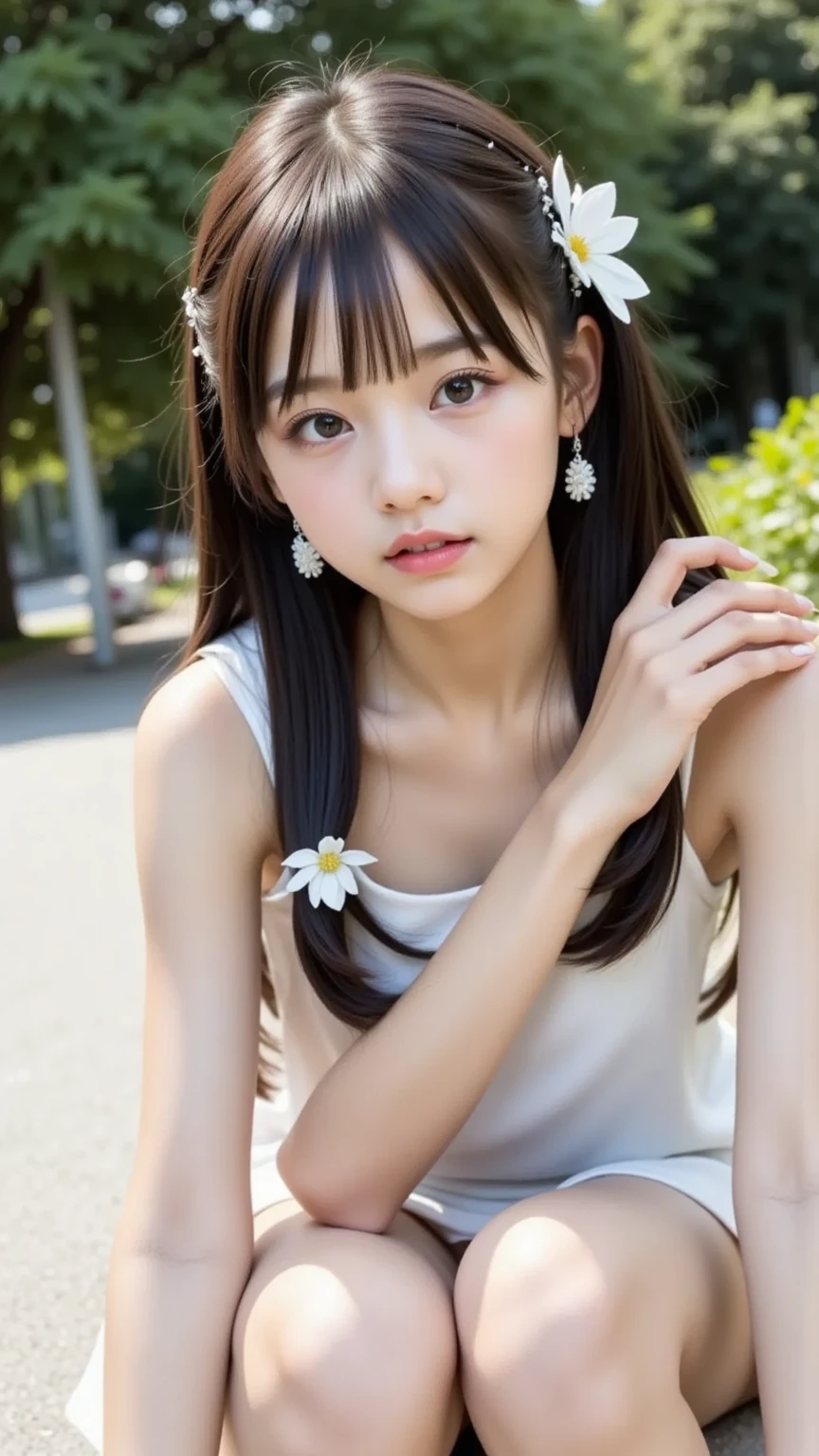 highest quality, High resolution, Realistic photo, Detailed skin texture, (Cute 12 year old Japanese girl wearing a lacy white camisole), (Flat Chest:1.5), To the camera, Slim figure, Fair skin, View your viewers, Focus on the face, In the park with cherry blossoms falling, (loli:1.2)