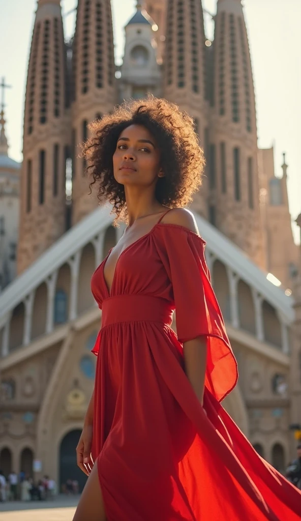 mulher brasileira com pele branca, usando uma saia branca, blusa vermelha. standing on a balcony overlooking a city, usando um vestido de sol vermelho, Standing on the roof of a skyscraper, com uma cidade ao fundo, Mulher de 30 anos do Brasil, in Juiz de Fora, visualizar (corpo todo ), pernas suculentas, corpo todo centered inward, alta qualidade em campo, high resolution, obra de arte, 8k.