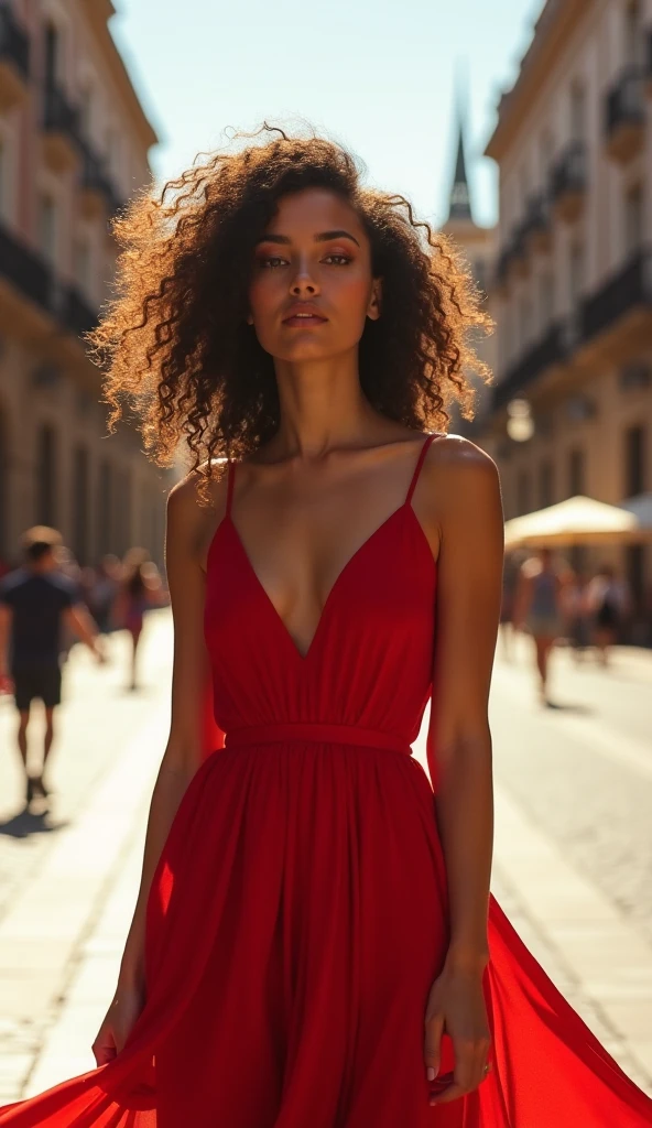 drawing with brown skin and curly hair red dress and brown eyes