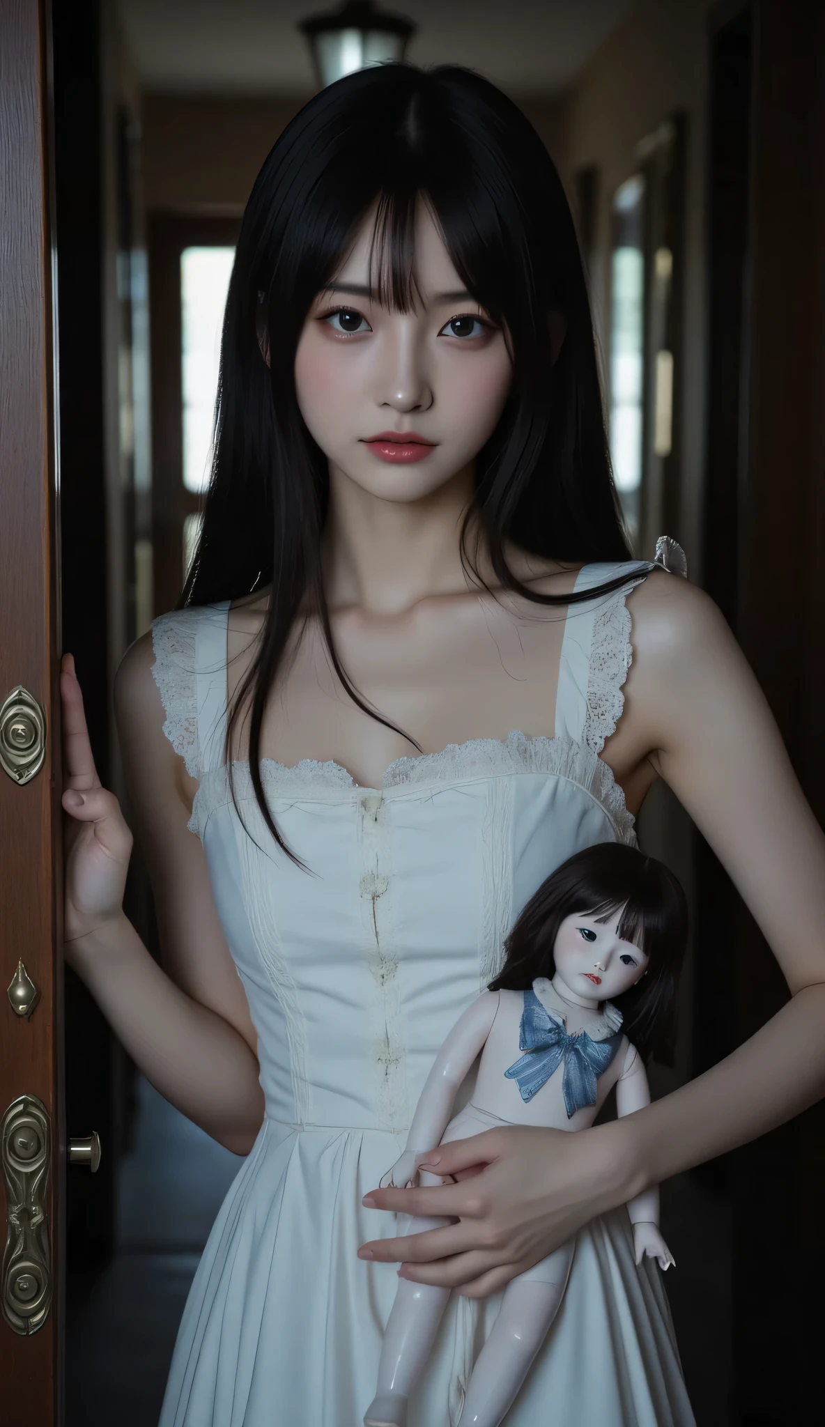 High Quality, Masterpiece, Highly Detailed, High Resolution, 4K, Ultra High Definition, Detailed Shadows, Ultra Realistic, Dramatic Lighting, 1girl, Solo, Detailed Face, Realistic Eyes, Realistic Skin, Dynamic Hair, Dynamic Pose, Dynamic Angle, White Flower Dress, White Background, ulzzang-6500-v1.1, (raw Photo:1.2), ( photorealistic:1.4), beautiful detailed girl, very detailed eyes and face, beautiful detailed eyes, ridiculous, incredibly ridiculous, huge file size, super detailed, high resolution, very detailed, best quality,
(Bright indoor), (soft light), (low contrast), (shallow depth of field), (portrait of a beautiful woman illuminated by gentle light), (extremely delicate and elegant depiction), (short length bangs), (hair color is a dark chestnut shade with a slight brown tone), (hair with a subtle and gentle wave), (small braids intricately woven on the side of long hair), (adorned with a thin ribbon), ( white blouse with small frills), (bow tie), (blue long skirt), (white short ankle socks), illustration, very detailed, CG, unified, 8k wallpaper, amazing, fine detail, best quality, Very detailed CG unified 8k wallpaper, face light, movie lighting, 1girl, 16 years old, ((no panties)), ((dynamic pose))), (camel toe), (half), (bent knees and legs sitting))