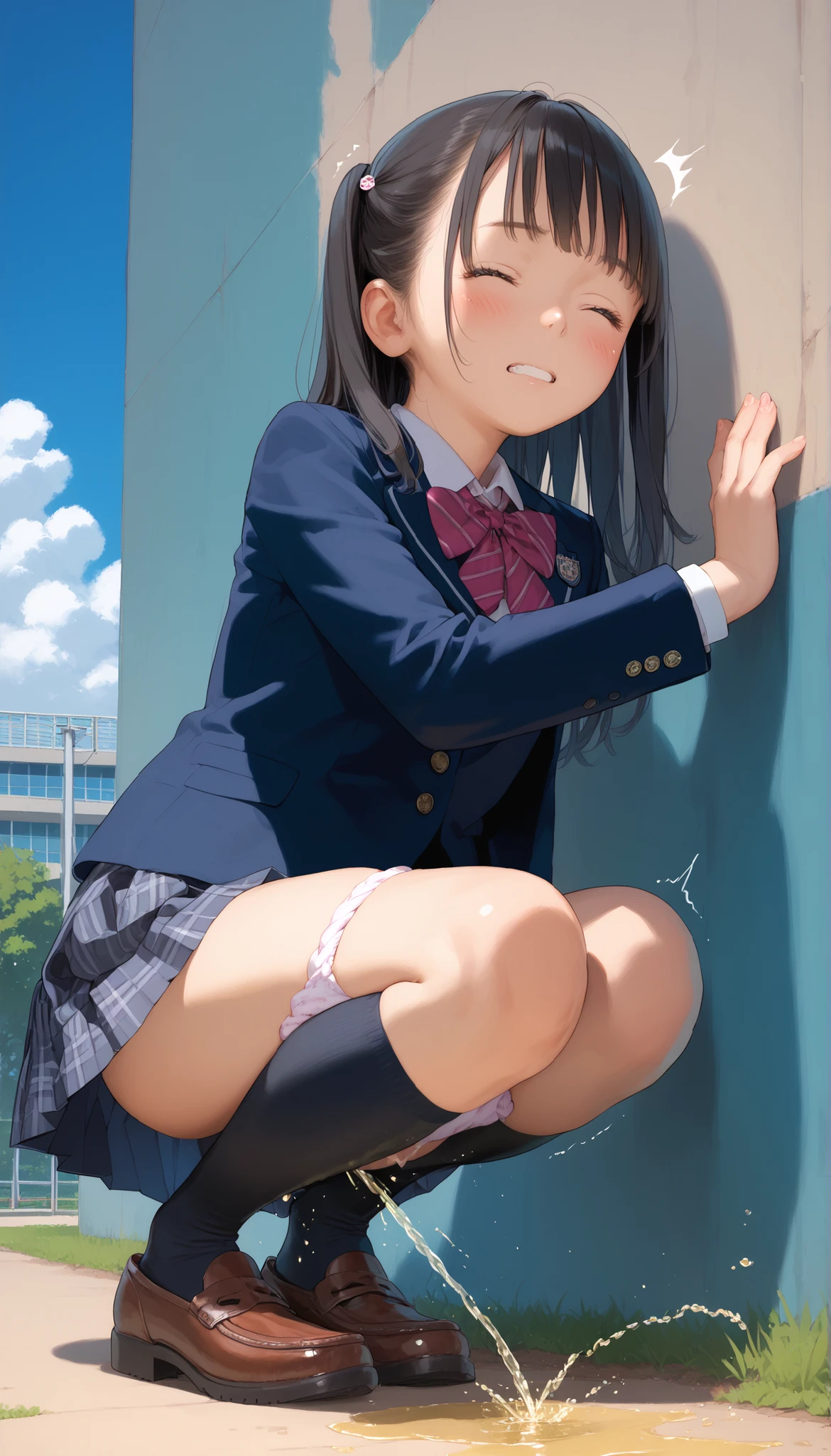 summer、thick、Sweat、、high school girl、Low length、(((((Eyes hidden by long bangs)))))、(((Long black hair:1.2　hair band)))(((Black-rimmed glasses:1.2　black eye)))、Strong sunlight、thicksummerの昼間、Bright sunlight、Look at this、glamorous、Checked mini skirt、Navy knit vest、loafers、Open skirt、Showing sexy panties、shrine, stage, ((stageに座る)), torii, forest, 誰もいないshrine、、Spread your legs、Open up、Open your crotch with both hands、Embarrassing、Sexy Lingerie