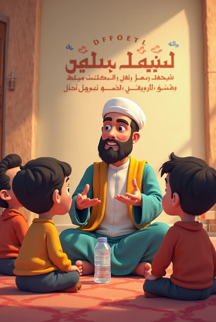 Animated image of a Muslim man reading a book with his friends 