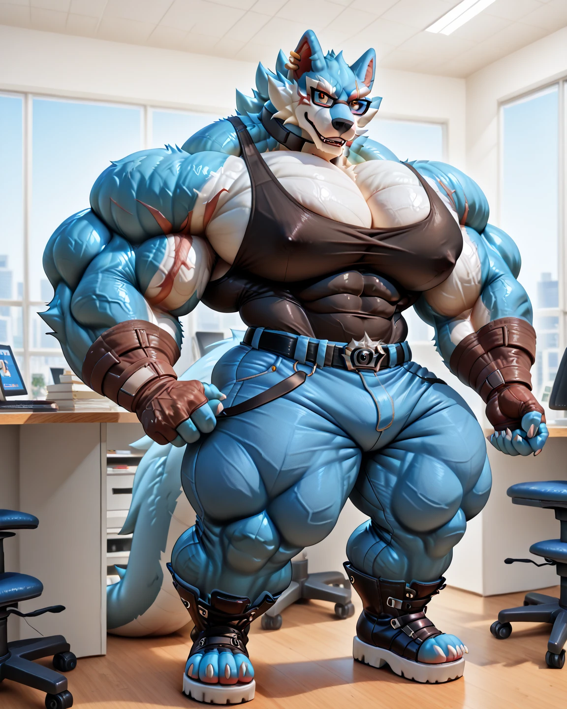 furry growth, hyper growth, hyper muscles, a cat, blue, cute cat, shirtless, white shorts, muscular, on a gray background