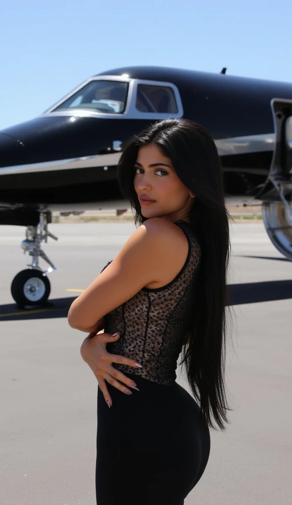 Hyper realistic and detailed full body photo of one young smiling beautiful medium tan woman with long black hair. Wearing a sexy white off the shoulders crotchet dress and brown heels. standing infront of private jet in the sun, amazing plane,, going to Bali, purse in the hand,, amazing voluptuously curvy body, tinyest waist, widest hips, widest thighs, holding phone . Sun is shining. perfect eyes, Eye makeup, highly detailed skin RAW, analog style, sharp focus, 8k UHD, DSLR, high quality, Fujifilm XT3, grain, award winning, masterpiece.
