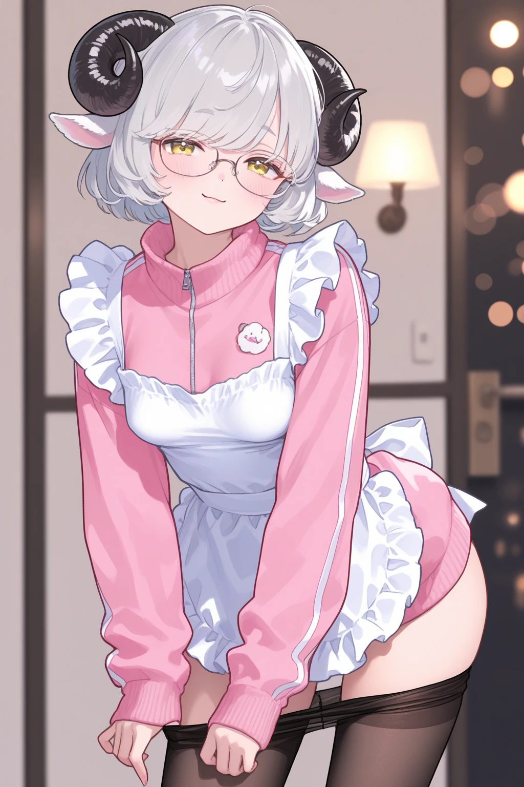 I have white pink hair, cat ears, a bun, my face is super blushing, black glasses, pink heart eyes, small breasts, a Playboy bunny suit that has a big butt, black stockings, a cat's tail, a very shy girl is this touching rear stand