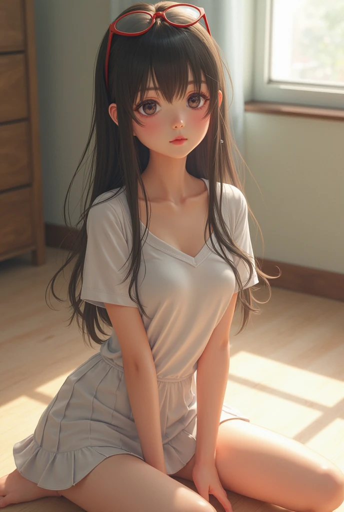 (realistic, photo-realistic:1.4), (masterpiece, best quality:1.2), RAW photo, high resolution, intricate details, extremely detailed, (back view:1.,2), looking at viewer, solo, 1girl, a 10 years old Japanese woman, wearing a minidress, open back, (kneeling with leaning forward:1.5), detailed face, detailed eyes, sophisticated nose, pale skin, photo background, indoors, home,