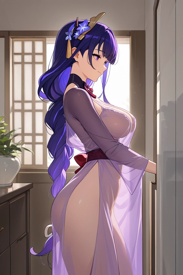 (masterpiece: 1.2), best quality, ultra high res, shiny skin, mature female, ultra high res, perfect anatomy, best shadow, best quality, ((1girl, solo)), hair ornament, very long hair, huge breasts, smile, looking at viewer, very long hair, blue eyes, blue hair, bangs, hair between eyes, ((wedding dress)), high boots, flower, full body, from behind