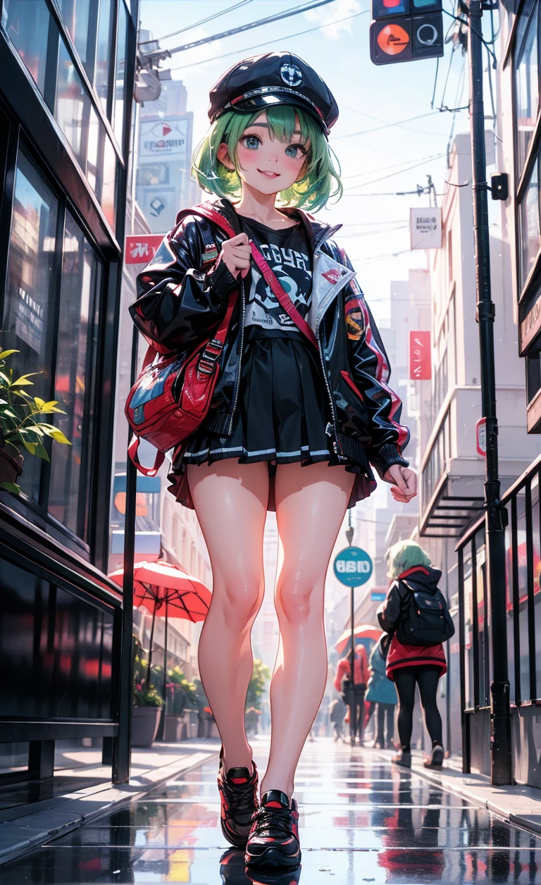 Extreme low angle, full body (8k, RAW photo, highest quality, masterpiece), High detail RAW color photo professional close-up photo, (realism, photo realism:1.4), (highest quality), (best shadow), (best illustration),surreal face, blue eyes, girl long neon green hair, wearing short hoodie head set, long Tartan plaid Skirt, tight high socks, hiding a hoverboard, tokyo night, neon, neon pink, neon blue, neon lime green,