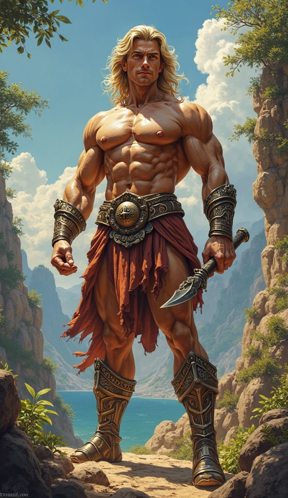 Sculpted warrior, exposed upper torso, legs bared from thighs to feet, flowing long curls, intricate muscular details, photorealistic depiction, 4K resolution. Background: Ancient temple ruins in a lush jungle,32k uhd, best quality, masterpiece, super detail, high details