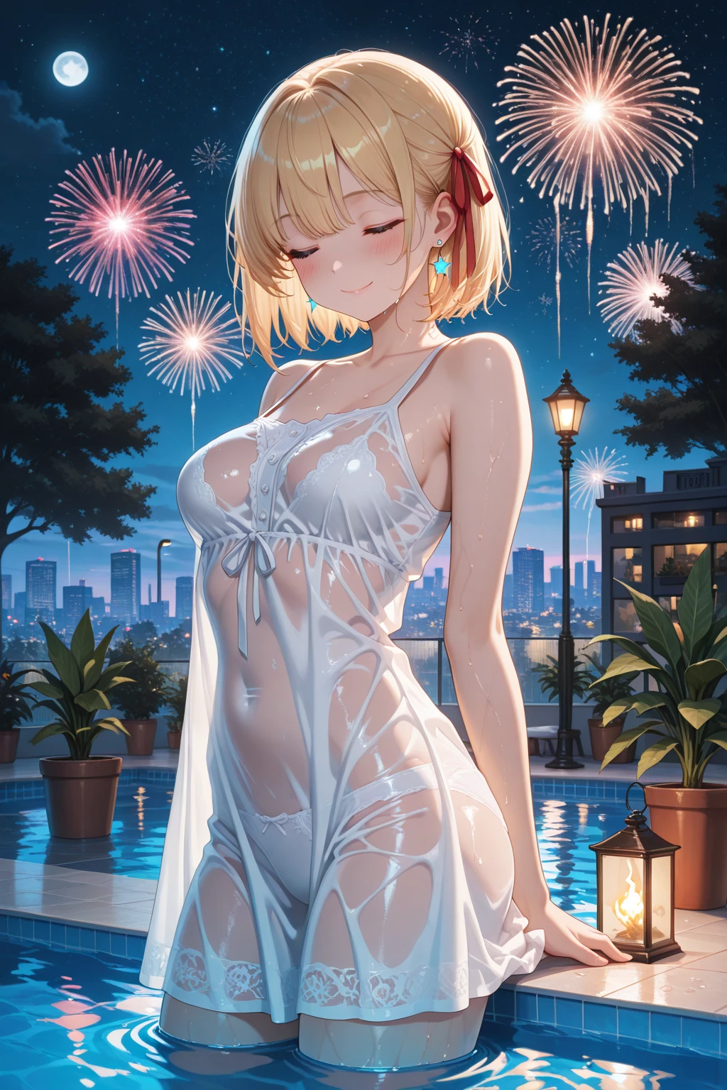 nsfw:1.6, Top quality, masterpiece, ultra high resolution, , (top quality, high resolution, 4K, detailed lighting, shaders, perfect anatomy, perfect proportions), eye of the beholder, (masterpiece, top quality) (top quality, 4K, 8K, high resolution, masterpiece: 1.2), highly detailed, (masterpiece: 1.3, top quality, ultra high resolution, ultra detailed), (top quality: 1.2), perfect eyes, perfect face, perfect lighting, (top quality, 4K, 8K, high resolution, masterpiece: 1.2), highly detailed, (top quality, 4K, 8K, high resolution, masterpiece: 1.5), highly detailed, masterpiece, top quality, ultra detailed, top quality, high resolution, 32K CG, very delicate and beautiful, illustration, high resolution, sharp focus, front lighting, glow, girl 1 person, solo, smiling, very beautiful and detailed anime face, very detailed eyes, ((masterpiece)), ((best quality)), (super detailed), ((cute)), cute, ((very detailed)), 4K, (8K), best quality, (best quality, 8K, 32k, masterpiece, super high resolution, very detailed, impressionistic:1.2), blurred background, (((two arms))) , (((two foot))), (((four fingers and 1 thumb))), Best quality , ((only one naval)),

Female. ((Blonde hair)). ((((Topless)))). ((((Breasts and nipples not covered)))). (White panties). ((((Evening updo. Tied up in a bun at the back.)))). (((Bangs swept to the side to show forehead))). (((Slicked back))). Beautiful blue-green eyes. Deep pupils. Pink lips. ((Big boobs)). Full breasts. Well-shaped breasts. Small pink nipples. Slim waist. Perfect proportions. Slender body. Well-proportioned body. ((Tan lines: 1.2)). Blushing face. (((("Touch my ."))). ((White choker)). Earrings. Necklace. Bracelet. Anklet. (((Lots of fireworks in the night sky))). (((A stylish night pool))). ((Neon signs)). (Cafe bar).  ((((Beautiful water surface))))