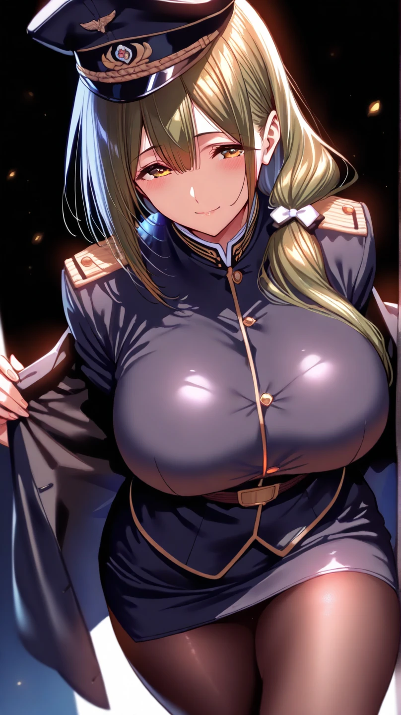 Phantasy Star Portable2Ouka Nagisa ((Big Tits)) One beautiful girl Beautiful long black hair Jade green eyes Highest quality Bangs Princess Cut He wears an eyepatch on his right eye White military uniform mini skirt Holding a giant blue sword White skin