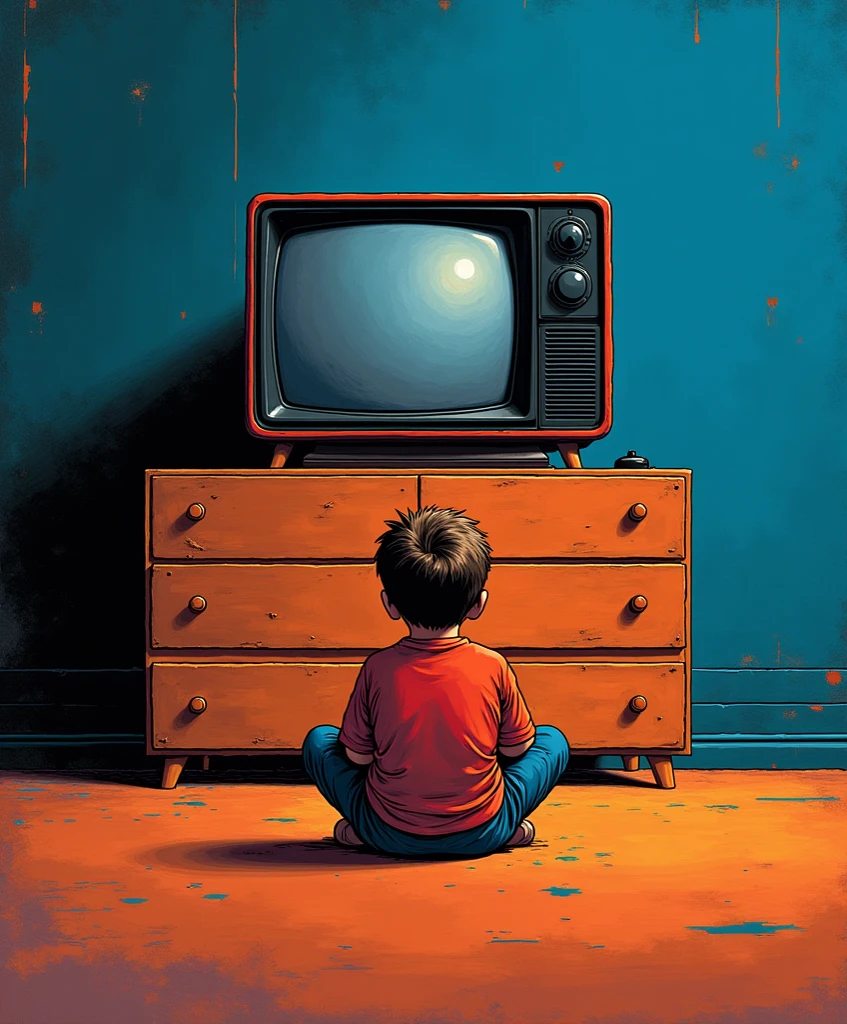 Comic of a boy with his back turned watching TV playing video games, in an environment from the 90s