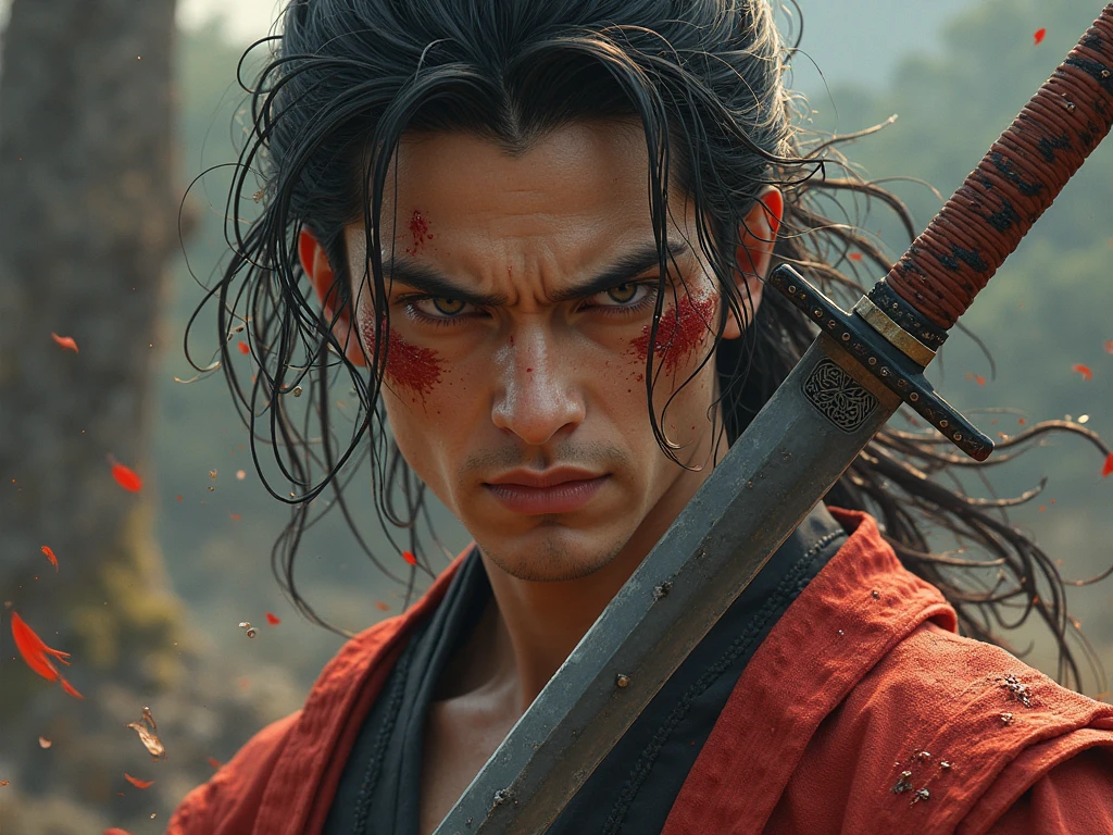 A handsome young man from Japan,(high detail Chunky face), (PureErosFace), (plump body build), (very curvy), plus,(photoshot), pores, real skin,Tattoo with the text "LD" in red black, hair band, flying hair, (black hair), ancient head ornament, hairpin, seductive, cynical look, affectionate eyes, glowing eyes, handsome scene, shadow, backlighting, soft natural volumetric perfect light, sword, Japanese architecture, grassland, tree, standing on the roof of the tallest traditional house,focus on the face