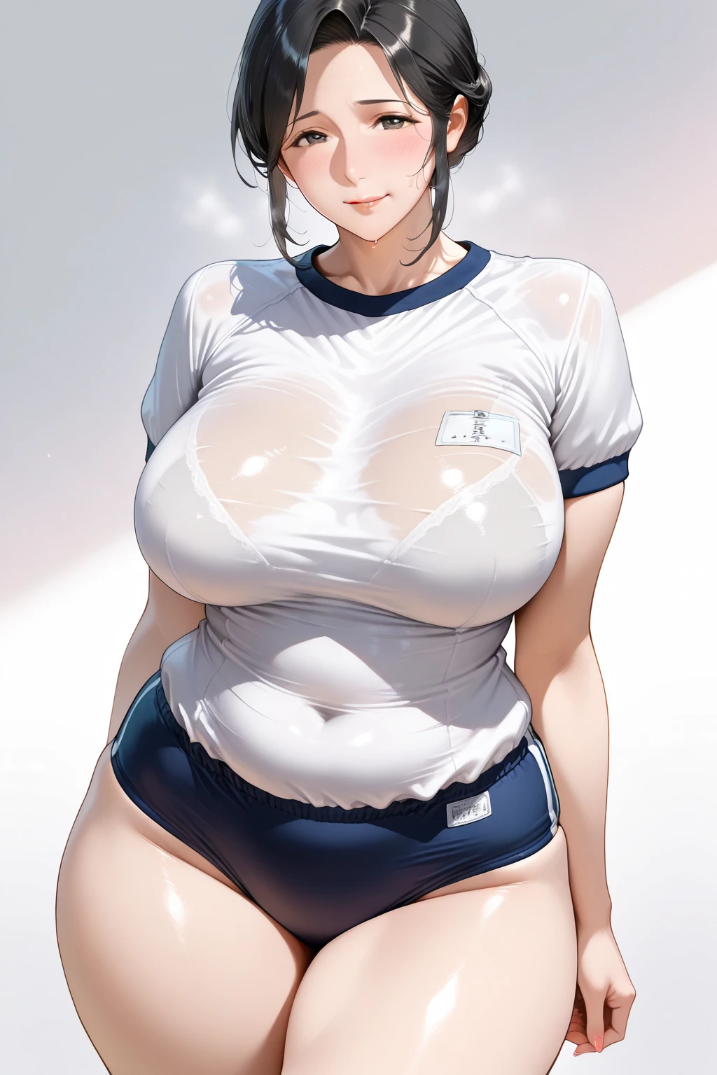 masterpiece, best quality, ultra-detailed, Potrait of beautiful , (chubby) (muscular), (plump), (sexly), ((tomboy)), (アニメ), (Breasts), (Plump), ((very short hair)), ((Uzaki Hana)), (overweight), (Gray Hair), ((Saggy breasts)), (blue eyes), (Short Hair), (blue eyes), ((thick)), (Sweaty clothes), (sports), (Smelly body), (Sweaty body), (fullbody)
