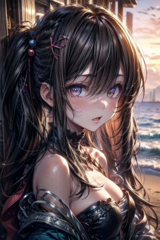 1girl, black bikini, sunbathing on beach, beautiful detailed eyes, beautiful detailed lips, extremely detailed face and skin, solo, ocean background, sunset lighting, cinematic, photorealistic, 8k, highly detailed, masterpiece