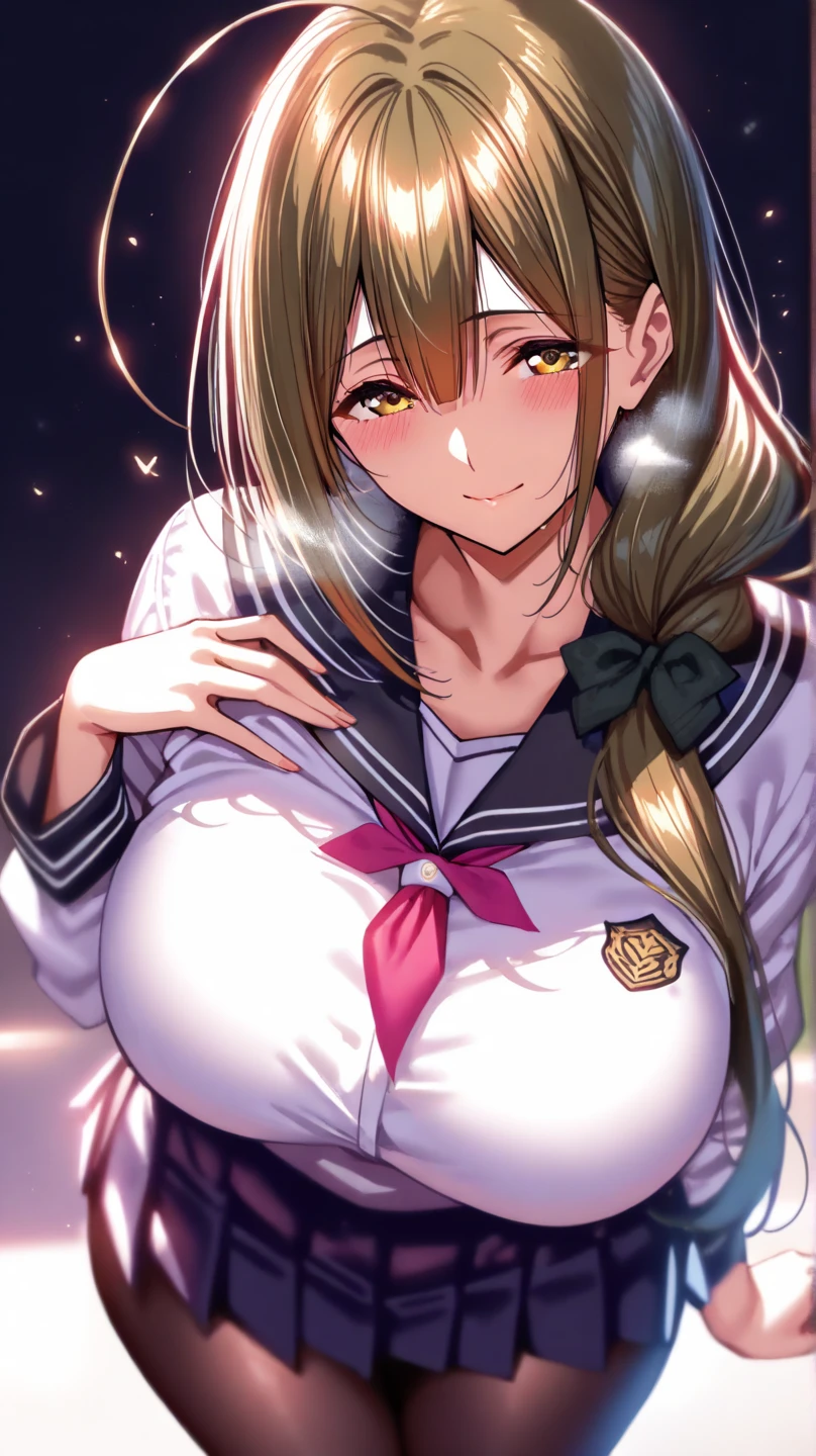 ((Highest quality)), ((masterpiece)), (detailed), One person, sexy,非常にdetailed, Perfect Face, Perfect body, Huge breasts, Very big ass, Straight hair、Beautiful woman,Black-haired、Japanese women、 smile, Hata, Glowing Skin、From below, Huge breasts, Side bust , Thighs, Cleavage, Spread your legs, ((JK clothing)),No underwear,((detailedな女性器:1.8)),((Exposed breasts from the side:1.9)),(Wet blouse:1.3)
