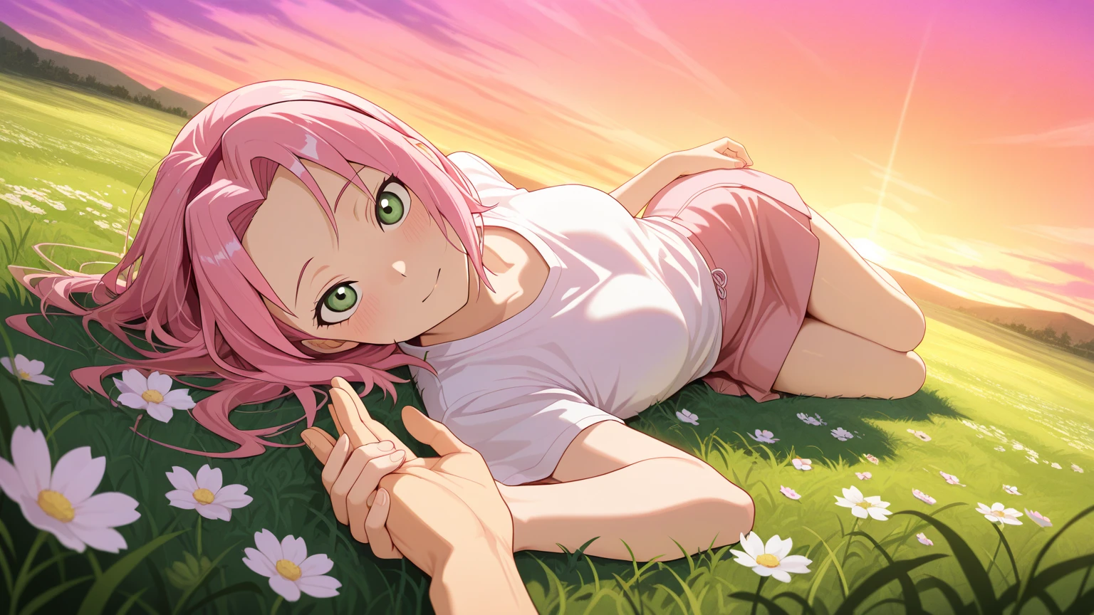 (detailed background), (masterpiece), (4k), (best quality), tan skinned anime girl, dressed in a cute bikini top and flowy skirt, curled up in a peaceful slumber on a grassy hill, her hand pressed against her stomach in discomfort.