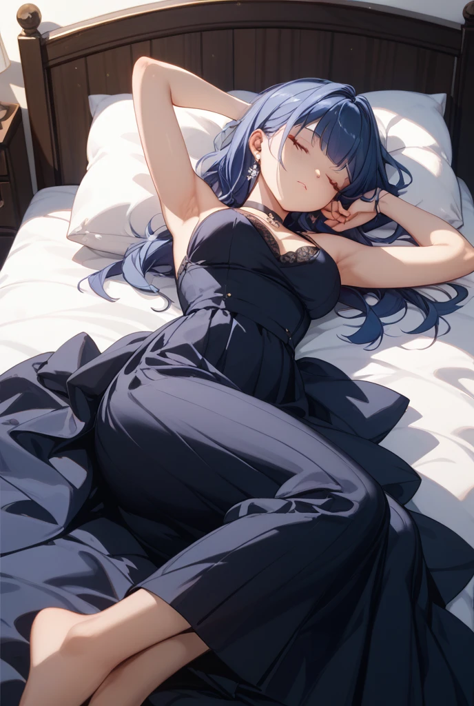yuriko nanao (million live), 1 girl, Solo, Best Quality, masterpiece, 8K, High resolution, Ultra-detailed, madeon, portrait, face focus, lying on the bed, on back, (((black negligee))), in hotel,