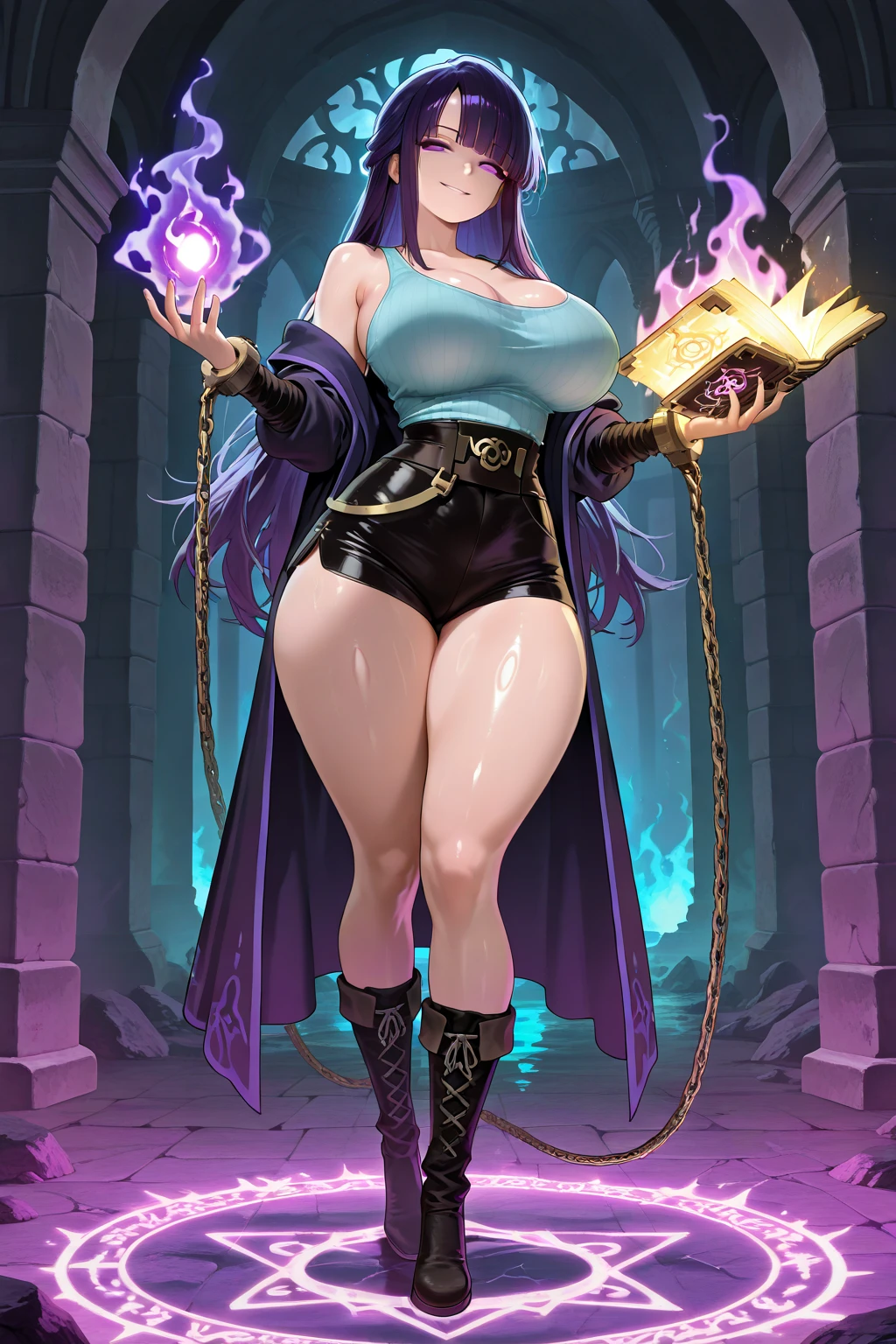 masterpiece, ultra-detailed, extra colors, 2D, megapixel, perfectionism, accent lighting, full HD , 4K, fire_emblem (style),witch (fire emblem), hentai(style), (evil witch celica_(fire_emblem) :1,7),1girl, standing, looking at viewer, can't be this cute, corruption, dark persona,(purple skin:1,5), colored skin, evil_queen, possession, bad end, smile, lips, eyelashes, pubic hair, innie , black lipstick, evil grin, big breasts, covered nipples visible through clothing, areolae, licking, piercing, voluptuous, pubic tattoo, dark aura, crotch_tattoo, collarbone, veins on body, orange hair, ((red demon eyes and black sclera)), weird hair, purple skin, purple nails, short hair, revealing clothes, cleavage, open toe shoes, thighhighs, panties, between , skin tight, black clothing, gradient background, alternate costume, curvy,Satou Kuuki art, Satou Kuuki style, Satou Kuuki illustration,
