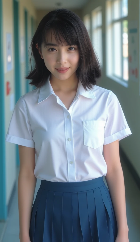 ((Best of the highest quality, 8k, Masterpiece, raw photo: 1.2)), (Sharp focus: 1.2), (1 AESPA, slim body type female, 21 y/o: 1.1), (Solo: 1.28), (realistic, photo-realistic:1.37), face focus, cute face, finely eyes, (droopy eyes: 1.32), (Emphasize prominent aegyo-sal with bright: 1.2), shimmering eyeshadow applied under the lower lash line, paired with thick, (small breasts, flat chest, Thigh: 1.3), (short messy hair, bangs: 1.28), (wearing button down business shirt, panties: 1.32), walking terrace dining, flower, (from below: 1.12)