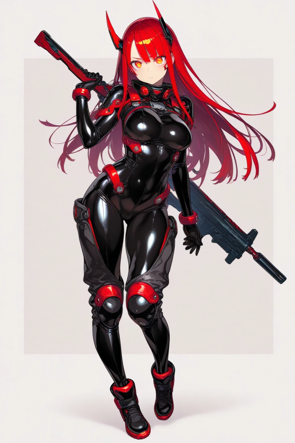 a young girl in a colorful catsuit, science fiction, tattoo, long red curls, beautiful detailed face, a futuristic weapon in her hand, sexy pose, tight clothes, cameltoe, standing on a dry planet, spaceship in backround