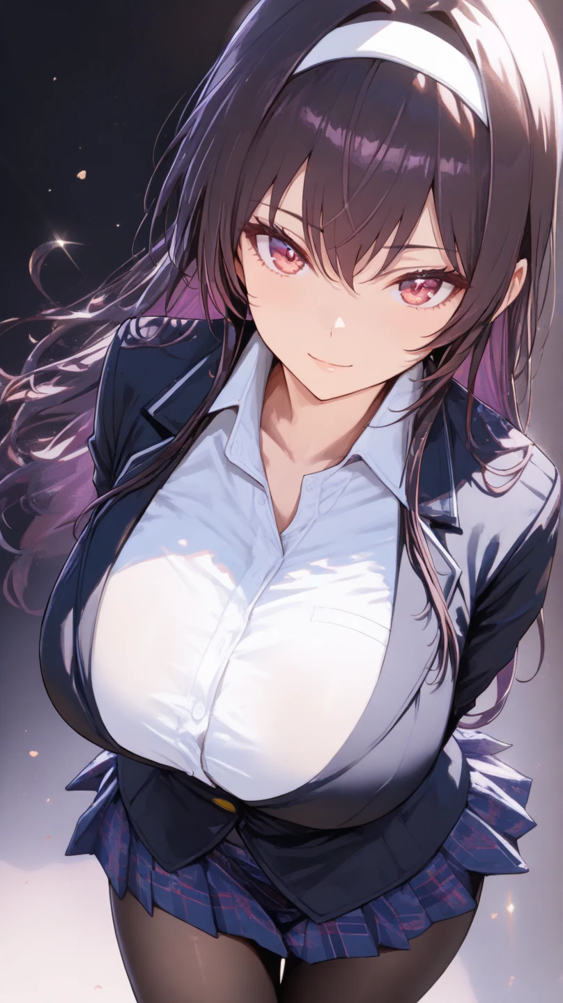 ((highest quality)), ((masterpiece)), (Get used to it), Perfect Face, Japan dark-haired person、28歳 woman,Bust isfcup,woman,dazzling,:White suit,View your viewers,Smiling Kindly。hand in front,Reaching out,5 fingers each,composition:whole body,angle:Looking down from above,Location:Office at night、((Cleavage、Black Bra))