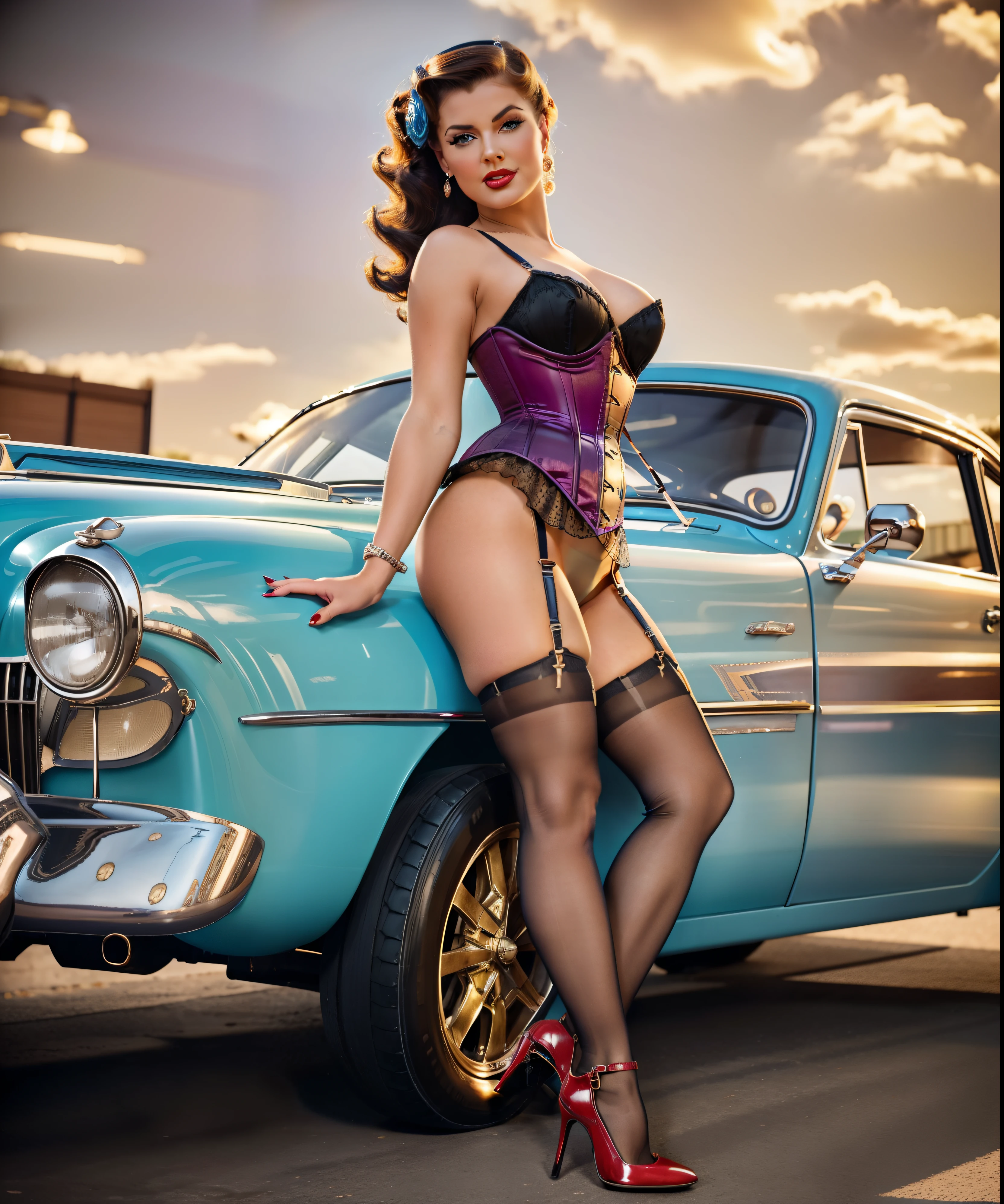 Portrait of a pinup woman with brilliantly detailed eyes and feminine attire, set against an industrial backdrop with intricate mechanical gears. She wears a beautiful corset, along with black stockings and luxuous artisan high heels. Her hairstyle is creatively styled a 1980 wavy long haircut, and her makeup is distinctive, featuring a vibrant color palette. The image includes a subtle lens flare effect, impeccable lighting, and a gritty texture for added realism. The composition is a professional masterpiece with ultra-fine painting details and photorealistic quality, all captured in true pinup style Picture of a pinup style a blue couch, Gil Elvgren style, pinup girl, vintage pinup, pinup girl, pinup, pinup art. She is proudly showing her beautiful legs, with her magnificent 1950s seamed nylon stockings and ((artisan strap high heels:1.2)).
