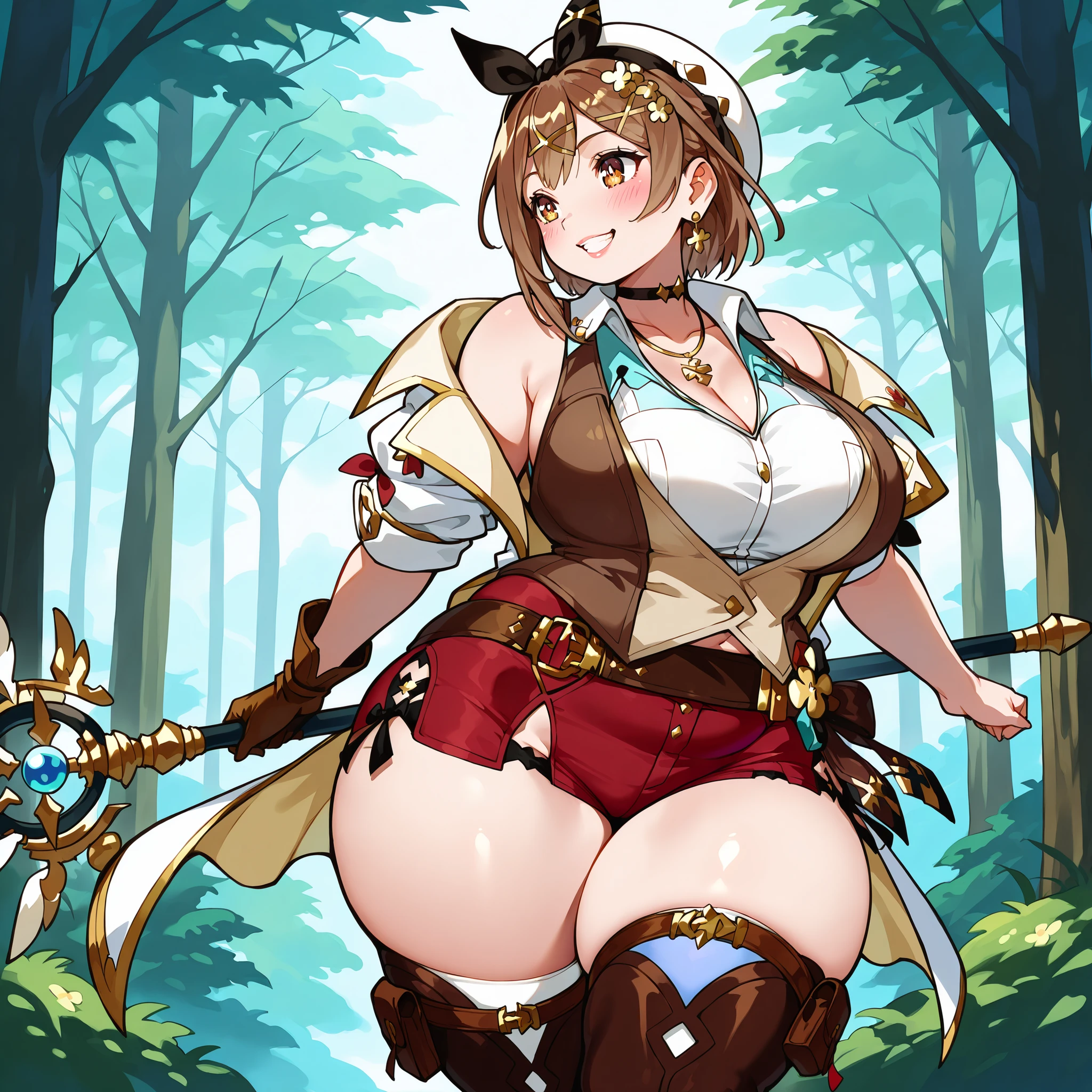 masterpiece, best quality, 1girl, solo, RyzaThird, short hair, crown braid, white beret, black bow hairband, x hair ornament, black choker, white coat, gold trim, white collared shirt, sleeveless shirt, cleavage, necklace, brown vest, brown glove, single glove, red shorts, brown belt, thigh pouch, brown thigh boots, outdoors, dynamic pose, holding staff, grin, happy, blush, forest, chubby, chubby girl, curvy, large breasts, lips, plump, thick thighs, thighs, (((oversized gigantic stomach)), curvy, large breasts, lips, plump, thick thighs, thigh, immobile