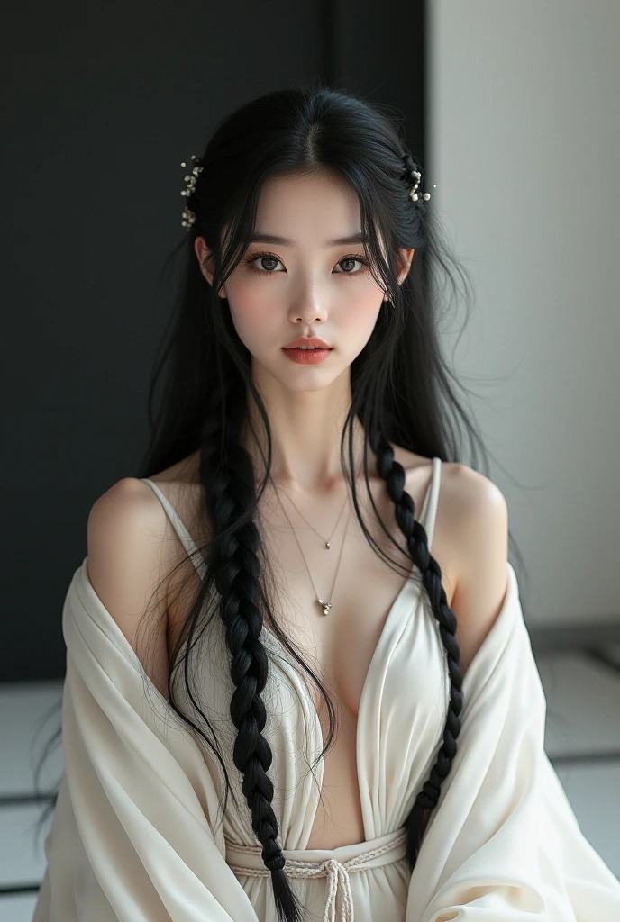 A delicate, ethereal figure of a young woman with a somber expression, dressed in an intricately detailed, black lace dress, cleavage. Her long, white hair is styled in an elegant braid, adorned with small decorative pieces. She has a pair of large, black angel wings that add a mystical and melancholic aura to her presence. The background is softly blurred, featuring an atmospheric, antique setting that enhances the overall mood of grace and introspection.