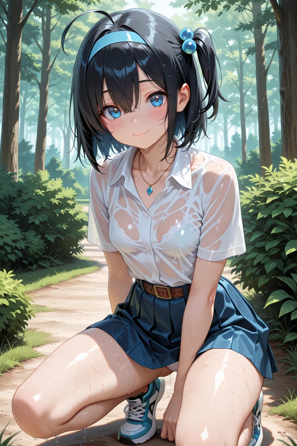 ((Highest quality)), ((masterpiece)), (detailed), (Japanese),13 years old, Black Hair,(Childish face), (Bob Hair), Girl, small Breasts, ((topless)), ((Blue eyes)),half-smile ,mini skirt, Sunlight, cowboy shot, (from_Side) ,  riverbank, ((See-through shirt)),(Sheer shirt),