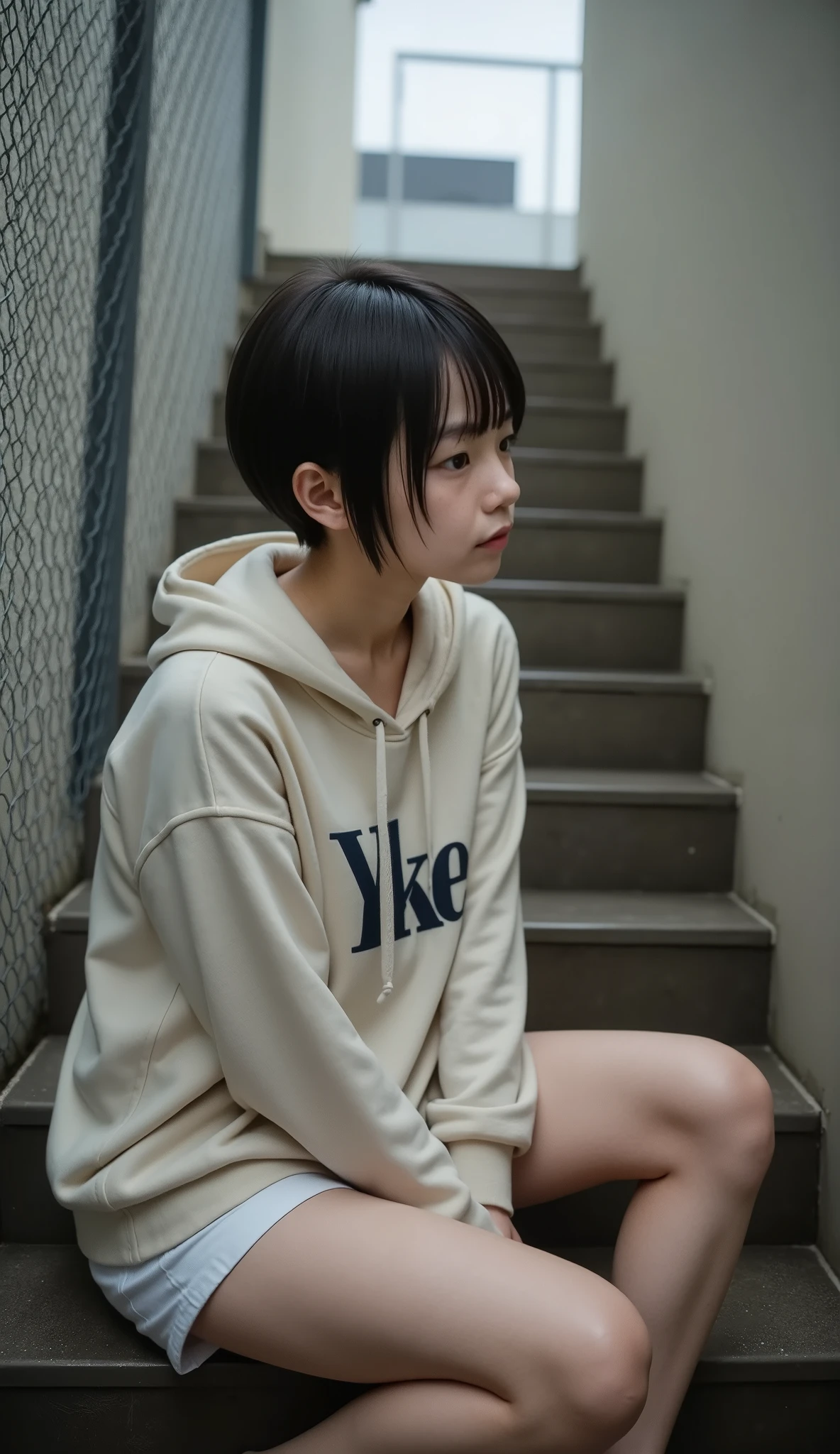 (8k), (best quality), RAW photo, (photo realistic:1.4), very detailed, cute, Very cute Japanese girl, without makeup,(are very thin), ((Straight Bob Cut)) ,  rain, Cats are gathered, Oversized lettered hoodie,  sitting on the stairs,(profile),  Narrow Back Alley, Chain link fence, is extremely fine,  cinematic background with classy attire