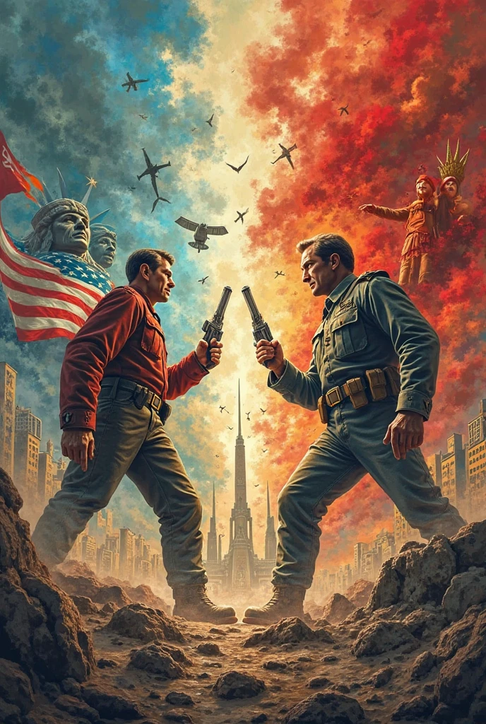 atari artwork  style, color pencil drawing for promotional material, an image of god controling the earth, demons flying, adventure<lora:Atari Artworks_SDXL_2-000012:1>