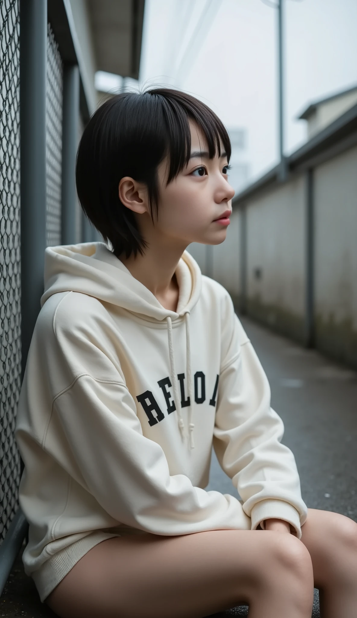 (8k), (best quality), RAW photo, (photo realistic:1.4), very detailed, cute, Very cute Japanese girl, without makeup,(are very thin), ((Straight Bob Cut)) ,  rain, Cats are gathered, oversized lettering hoodie,  sitting on the stairs,(profile),  Narrow Back Alley, Chain link fence, is extremely fine,  cinematic background with classy attire
