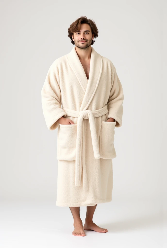 Create a handsome Asian man,Beautiful big eyes,Standing on the ground,Wearing a white satin bathrobe,Scratching the scalp with both hands,Two hands washing hair on top of head,头上有很多Realistic foam,Foam wrap head,Realistic foam,The expression is happy,front,The characters are realistic and realistic,Pure white bathroom background,Character front position,9:16 frames,Ultra-high-definition picture quality