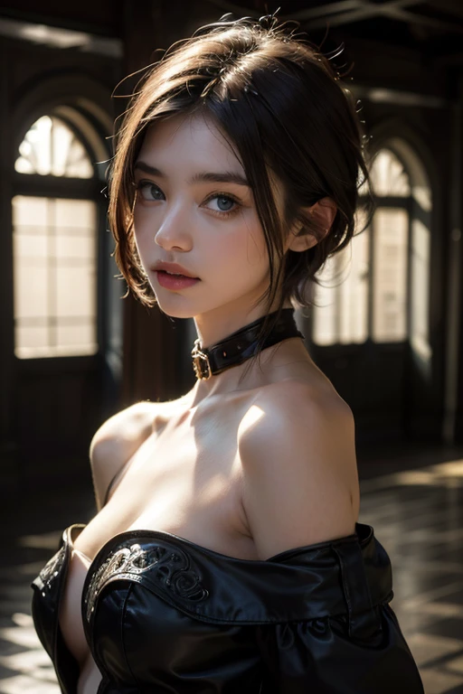 (masterpiece), (extremely intricate:1.4), (realistic), portrait of a muscular girl, ((((detailed mature 40year elven woman, ((blackout eye makeup, black lips, strong square cleft chin, arrogant, [small breasts:large breasts:0.3]), tiara, clear blue eyes, modest high neckline dress, chinoiserie cape, long straight dark hair), high collar))), freckles: 1.0), metal reflections, upper body, outdoors, intense sunlight, far away castle, professional photograph of a stunning woman detailed, sharp focus, dramatic, award winning, cinematic lighting, volumetrics dtx, (film grain, blurry background, blurry foreground, bokeh, depth of field, sunset, interaction), 8K