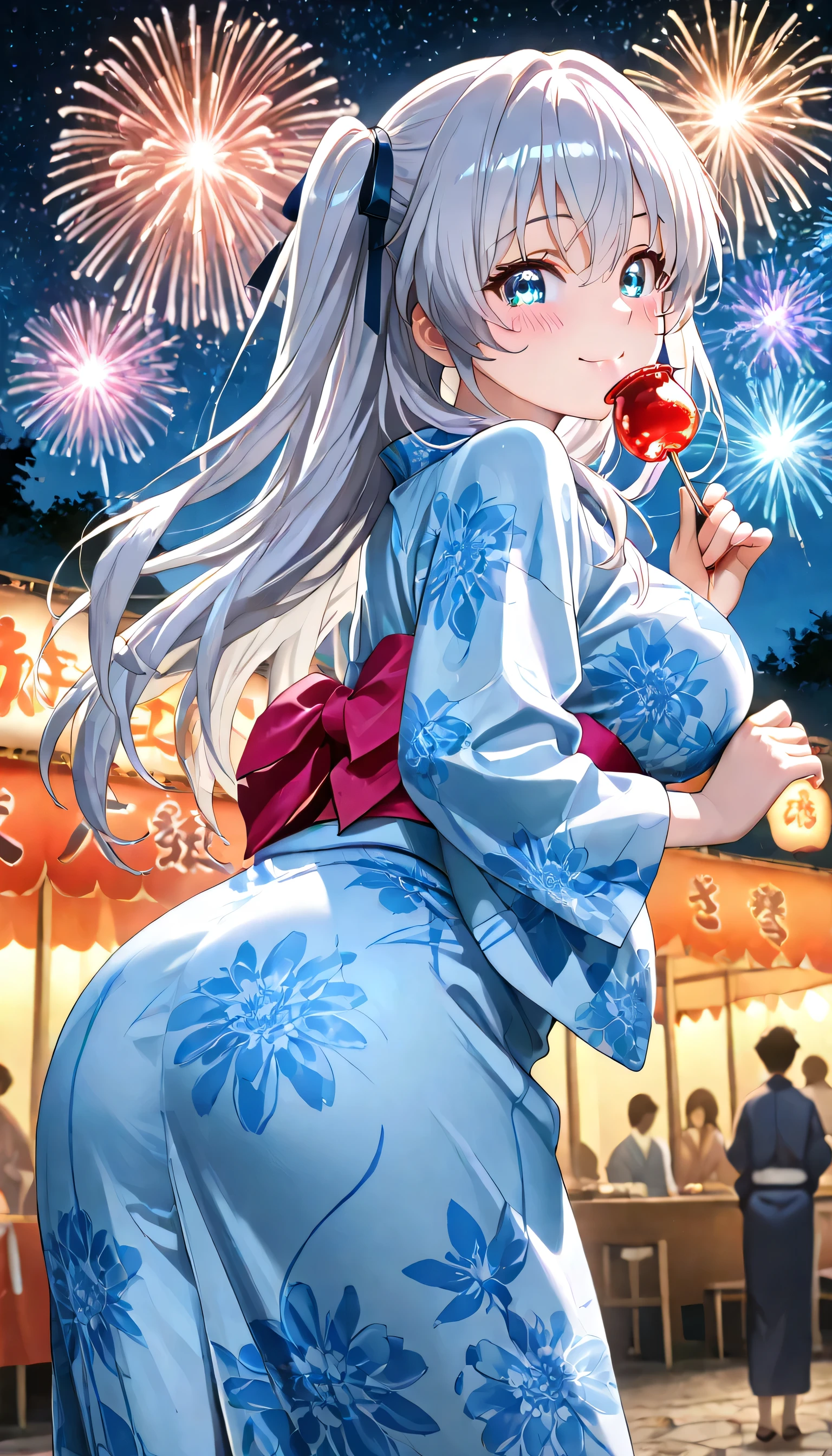 (ultra-detailed)), (highly detailed CG illustration), (best quality:1.2), ultra-highly detailed, colorful composition, artistic photoshoot, 1girl, solo focus, cowboyshot:1.3, moe anime character, girls, round face, rounded chin:1.2, short stature, blue eyes:1.3, sagging eyes:1.3, silver hair:1.3, long hair, two side up, hair ribbon with black, ample breasts, blue yukata clotch:1.2, gentle smile:1.3, blush:1.3, bent over, eating a Candy apples, <lora:aerial-fireworks-ponyxl-lora-nochekaiser:1>, aerial fireworks, blurry background, Japanese summer festival, blush, smile, fireworks, from behind, butt focus, looking at viewer, looking back, night, night sky, outdoors, sparkle,
ultra-beautiful girl, fluttering hair, best quality, masterpiece, night:1.3, Beautiful night sky:1.3, milky way background:1.4, Sparkling star, dynamic pose, from side, expecting, pink cheek, light pink gloss slip, portrait, depth of field, soft lighting, sidelighting, moonlight, lighting, caustics, ray tracing, perfect face, lustrous skin, highly detailed face, highly detailed eyes, perfect face, perfect nose, perfect hair, perfect eyes, perfect anatomy, beautiful hair, beautiful small face, extremely detailed face, beautiful detailed eyes, beautiful clavicle, beautiful body, beautiful ample breasts, leavage, breasts squeezed together, equalize the size of the left and right breasts, beautiful thin thighs, beautiful legs, beautiful fingers, 4fingers, 1thumb, lovely, (very detailed background:1.0), (highly detailed background:1.0), summer aesthetic, intricate details, universe atmosphere, summer night sky colors palette, chromatic aberration