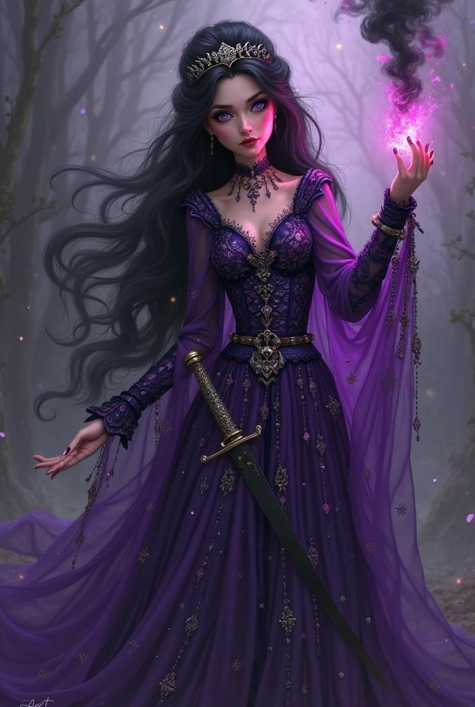 create a sorceress elf with black wavy hair, who has an amulet in his hand and wears purple accessories