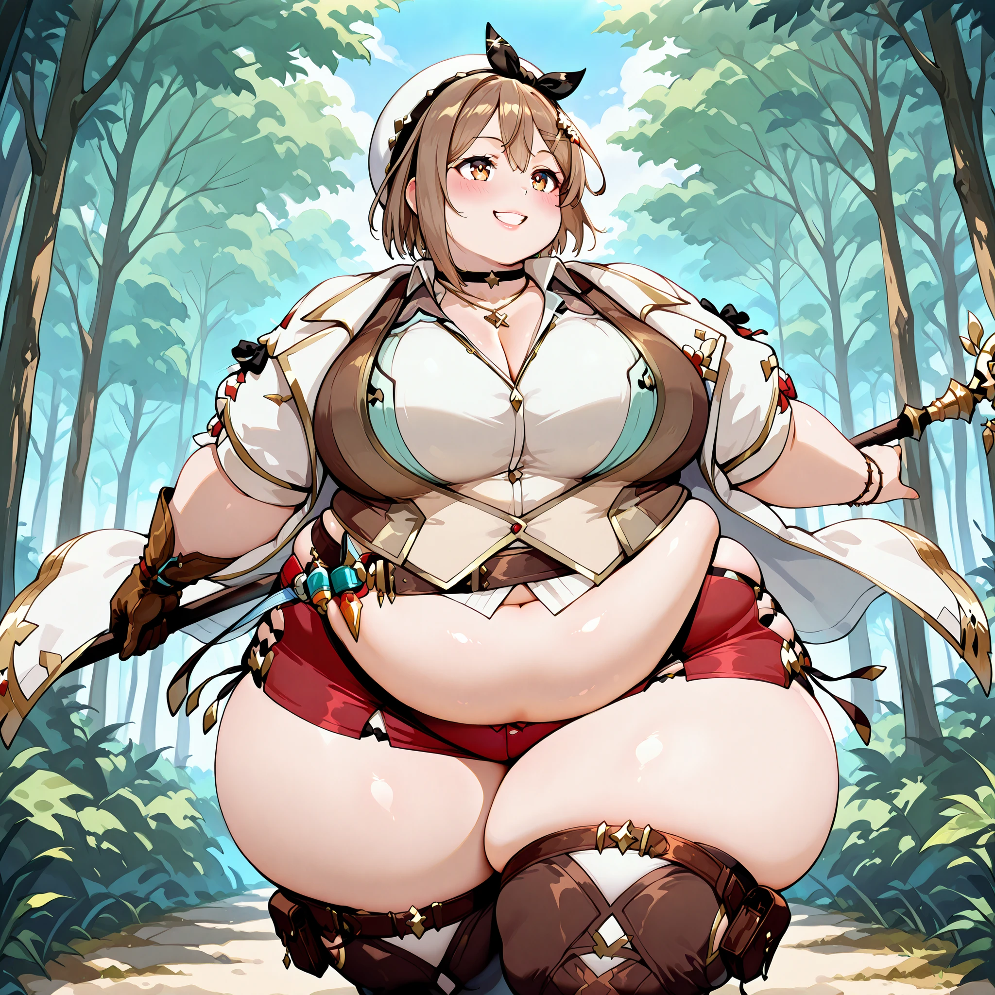 masterpiece, best quality, 1girl, solo, RyzaThird, short hair, crown braid, white beret, black bow hairband, x hair ornament, black choker, white coat, gold trim, white collared shirt, sleeveless shirt, cleavage, necklace, brown vest, brown glove, single glove, red shorts, brown belt, thigh pouch, brown thigh boots, outdoors, dynamic pose, holding staff, grin, happy, blush, forest, chubby, chubby girl, curvy, large breasts, lips, plump, thick thighs, thighs, (((oversized gigantic stomach)), curvy, large breasts, lips, plump, thick thighs, thigh, immobile